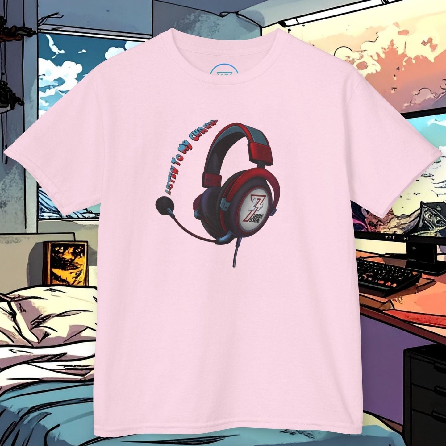 Kids Gamer Headset T-Shirt in Light Pink for young girls in the gaming and streaming community.