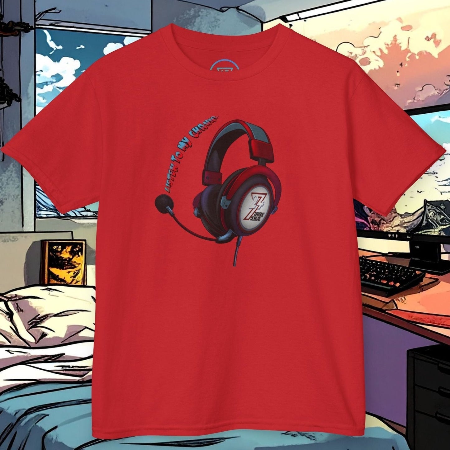 Kids Gamer Headset T-Shirt in Red for young YouTubers and content creators.