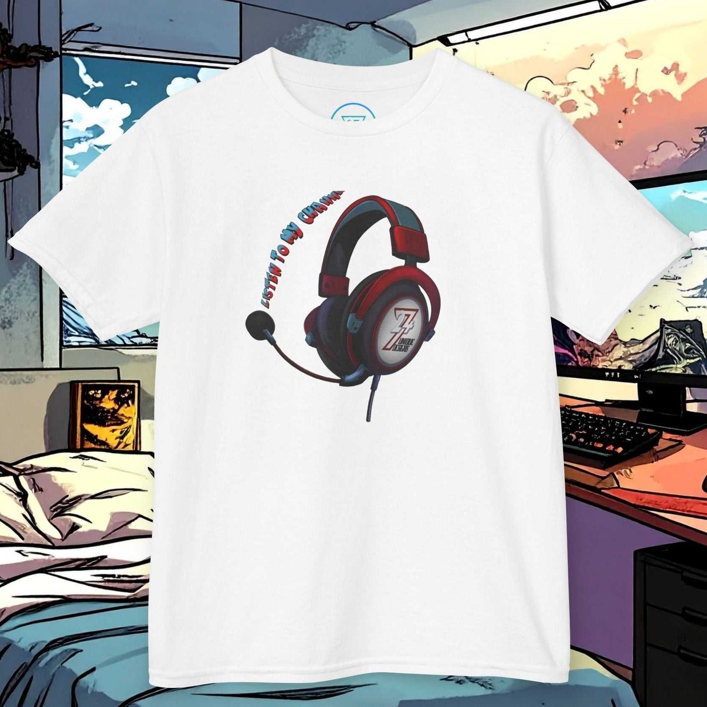 Kids Gamer Headset T-Shirt in White featuring the "Listen to My Channel 24/7" design.