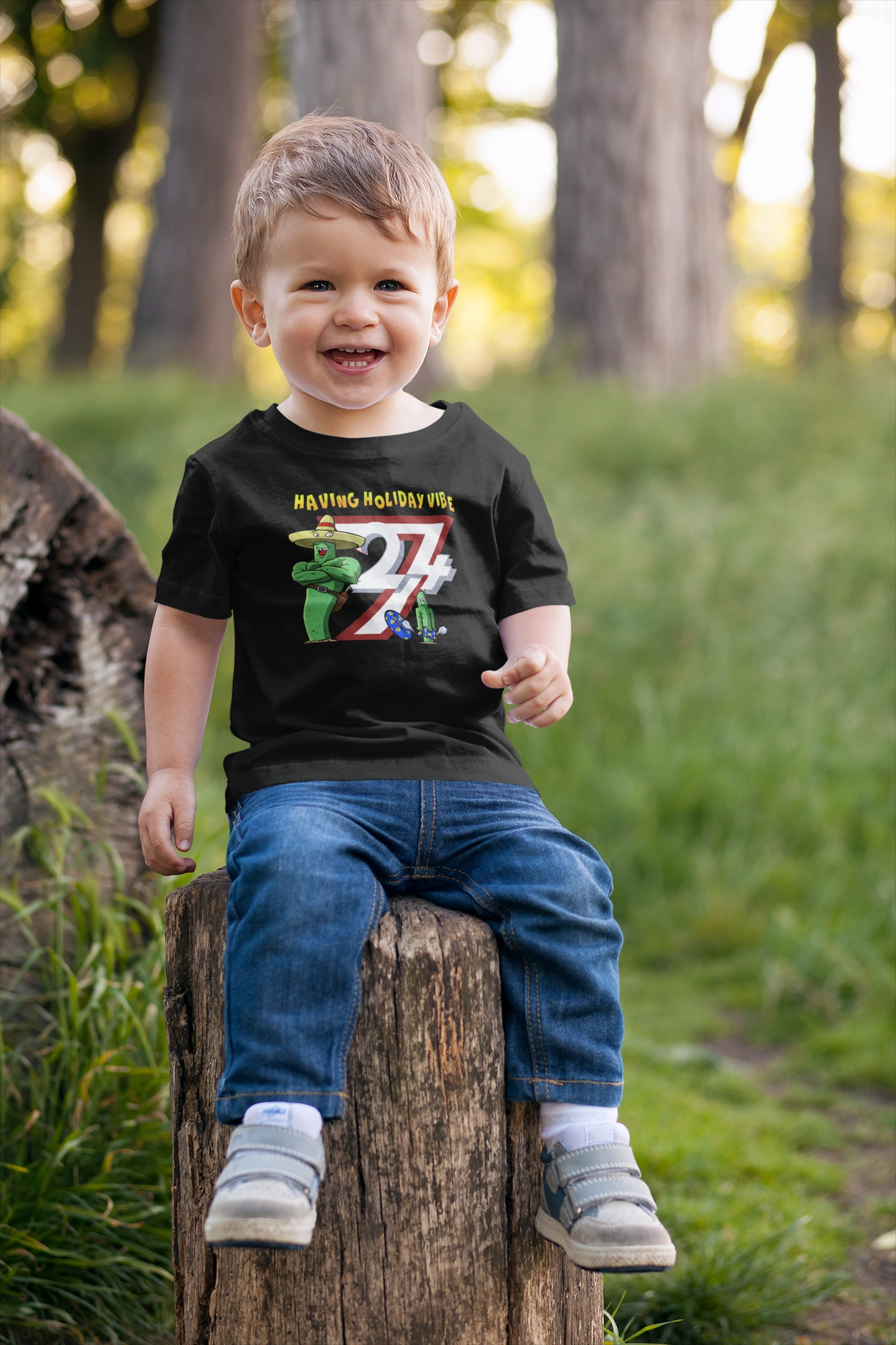 Young boy wearing the Black Kids Summer Vacation T-Shirt featuring the inflatable tube incident.