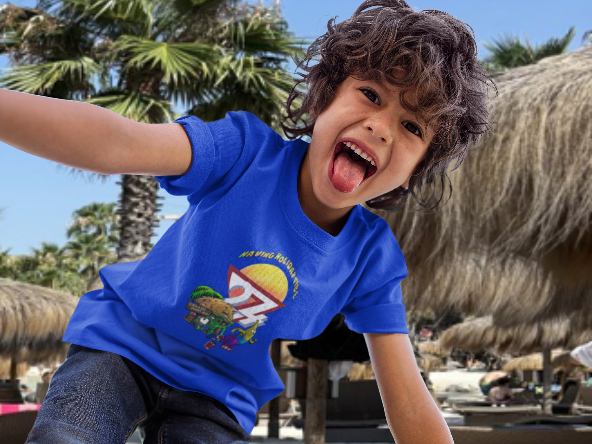 Young boy wearing the Royal Blue Kids Tropical Vacation T-Shirt featuring Leonando chasing Banana Bundy.
