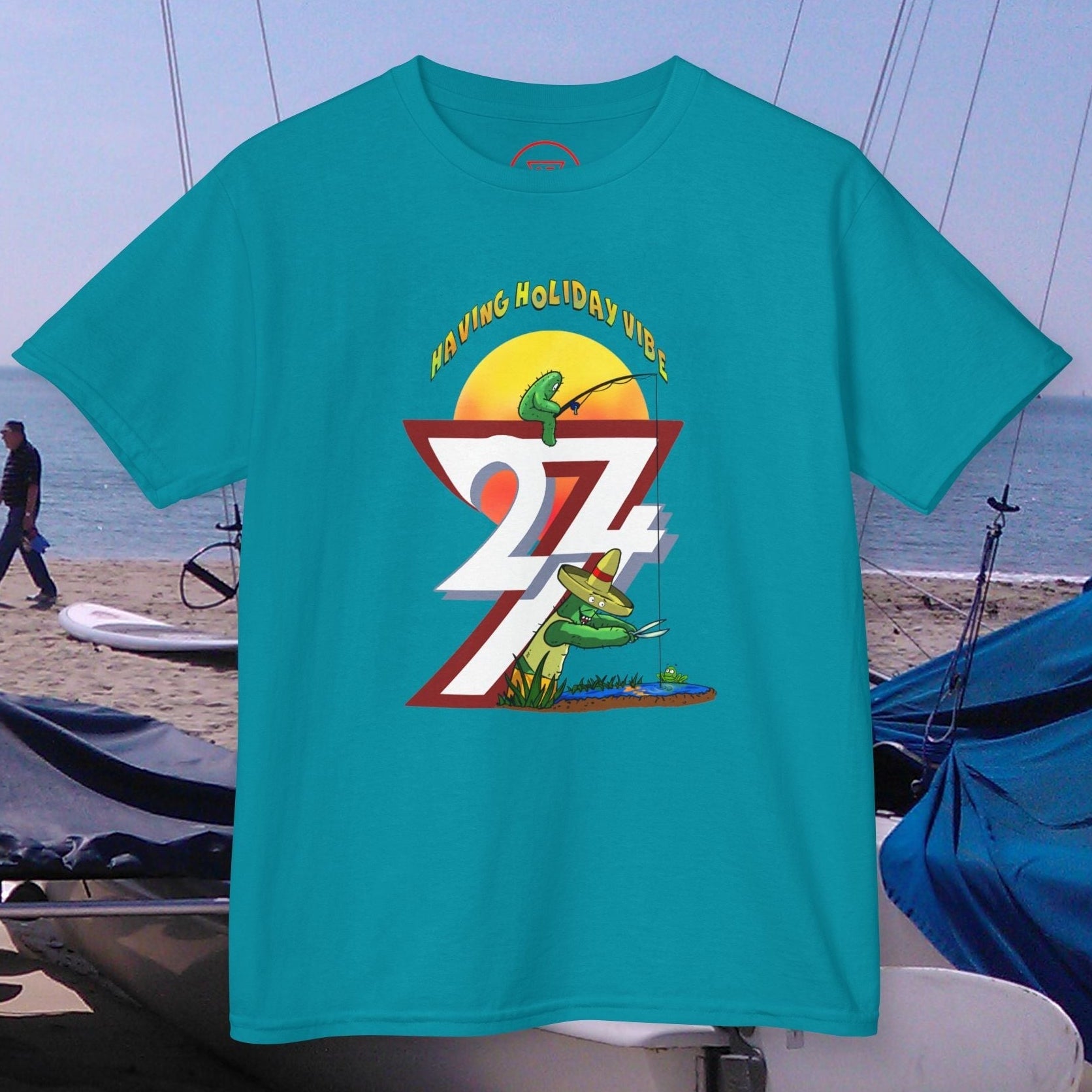 Kids Summer Fishing T-Shirt in Tropical Blue with the 24/7 fishing pond illustration.