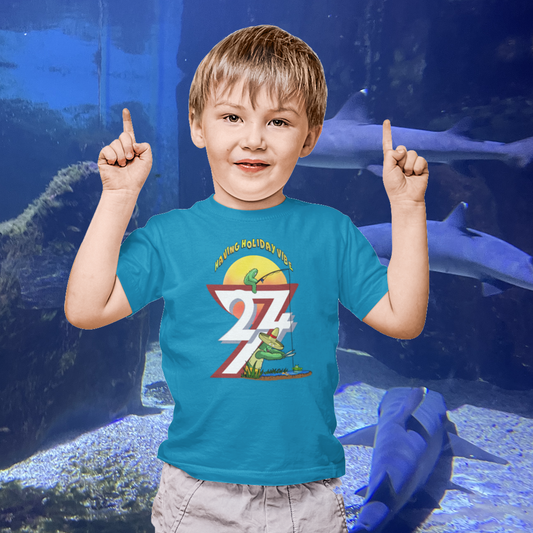 Young boy wearing the Tropical Blue Kids Summer Fishing T-Shirt by the pool.