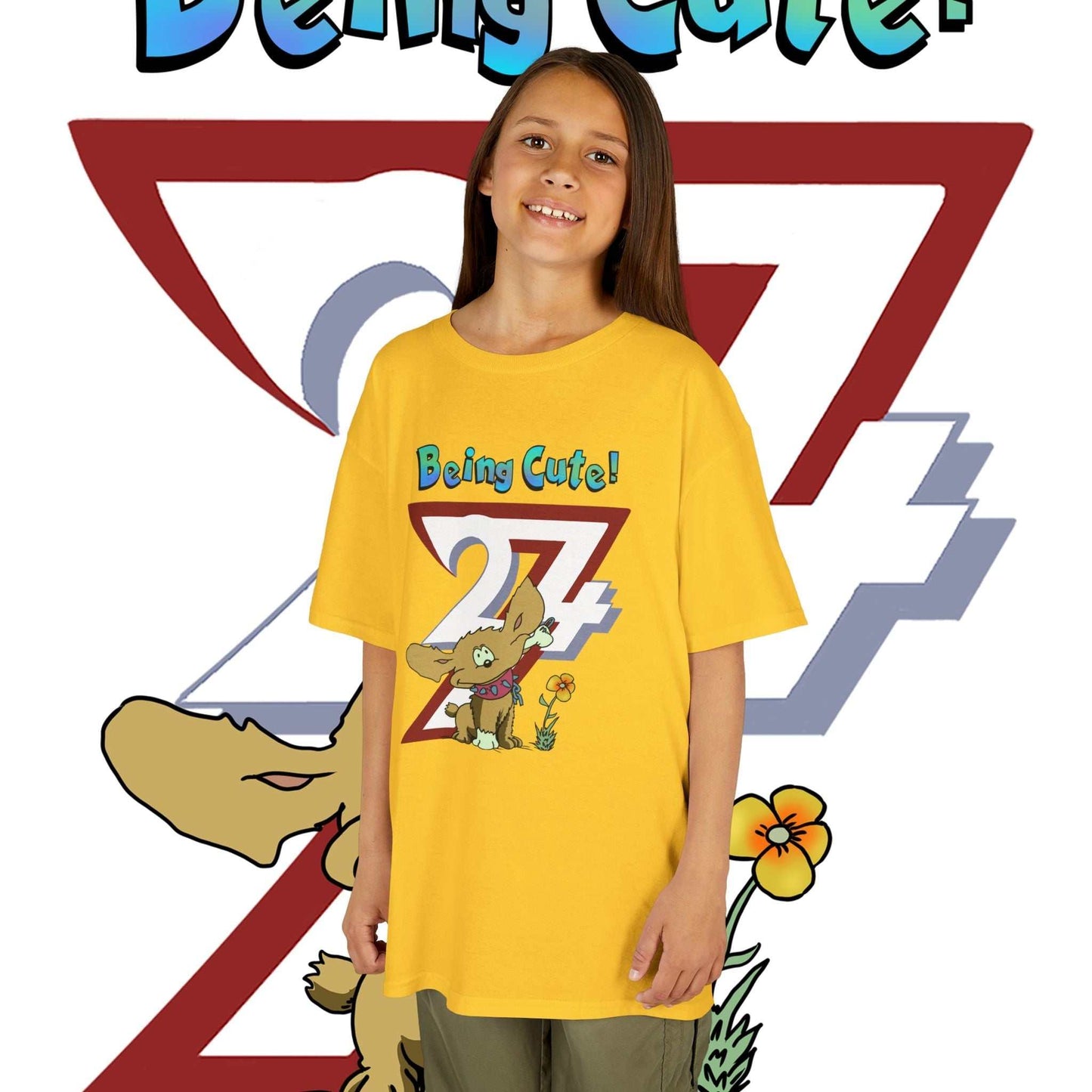 Young girl wearing the Daisy Yellow Cute Hand-Drawn Puppy Kids T-Shirt showcasing the original Chomper art.