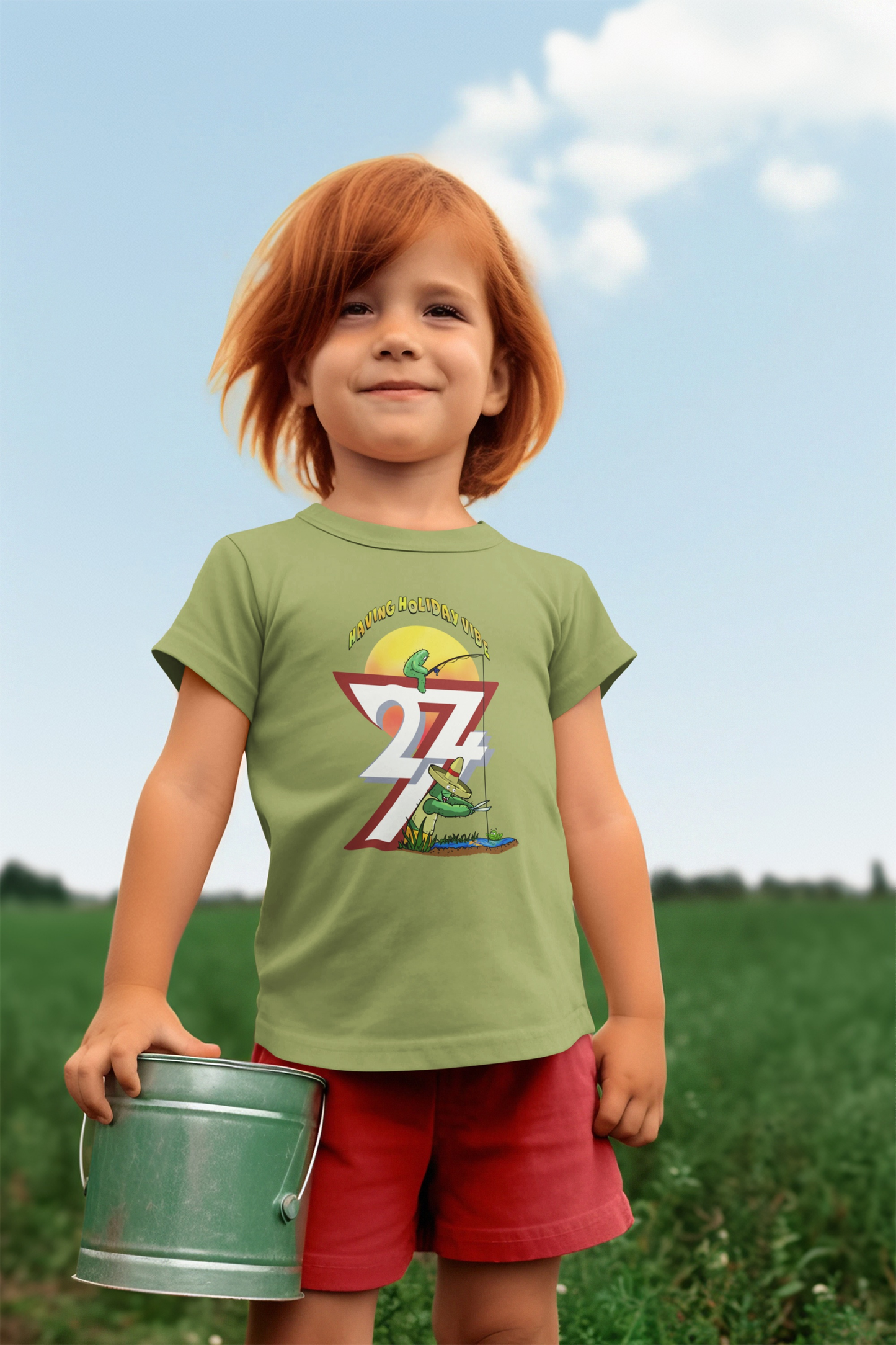 Young girl wearing the Lime Green Kids Summer Fishing T-Shirt showing the Leonando prank.