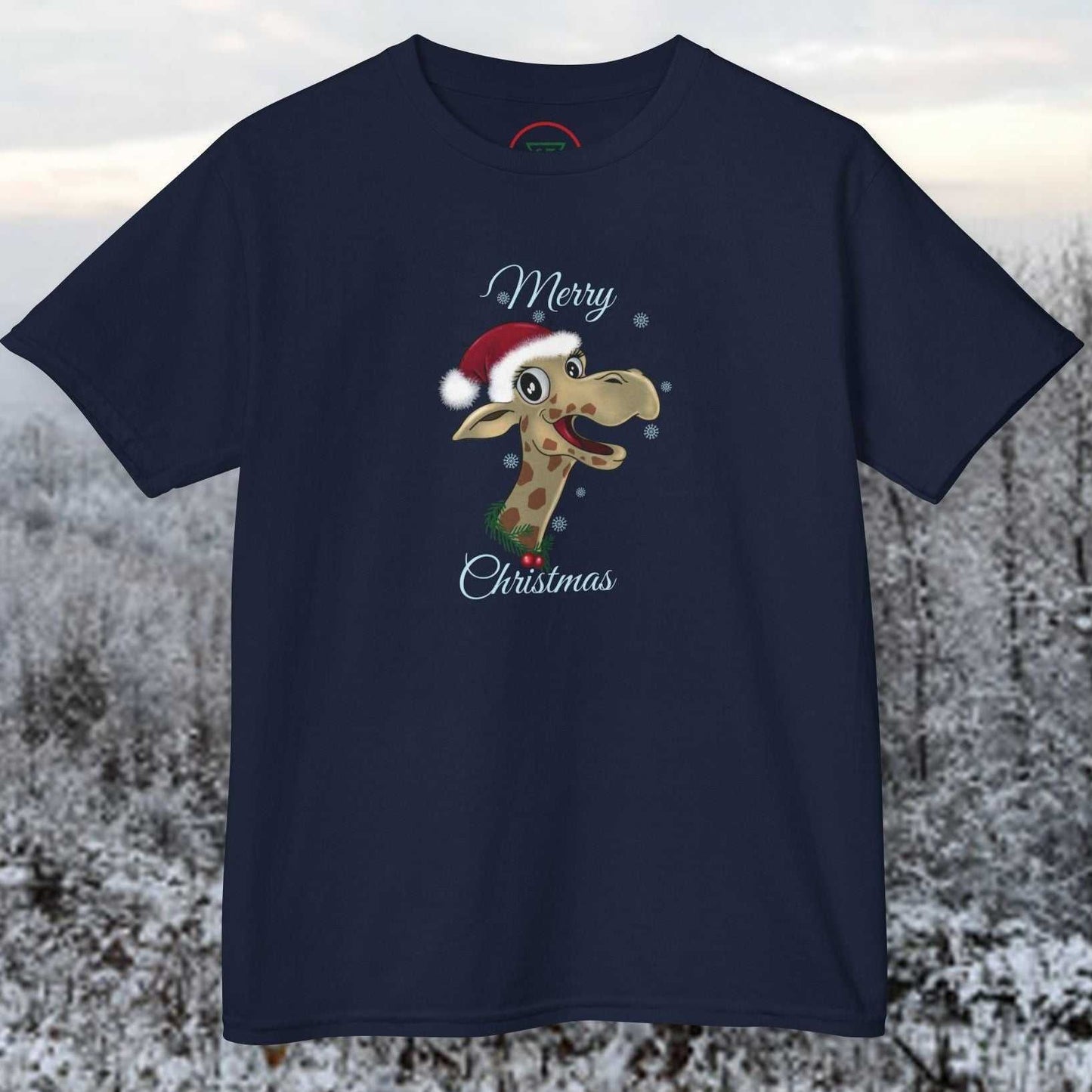 Front view of the Kids Solid Navy Christmas Giraffe tee with a hand-drawn holiday graphic.