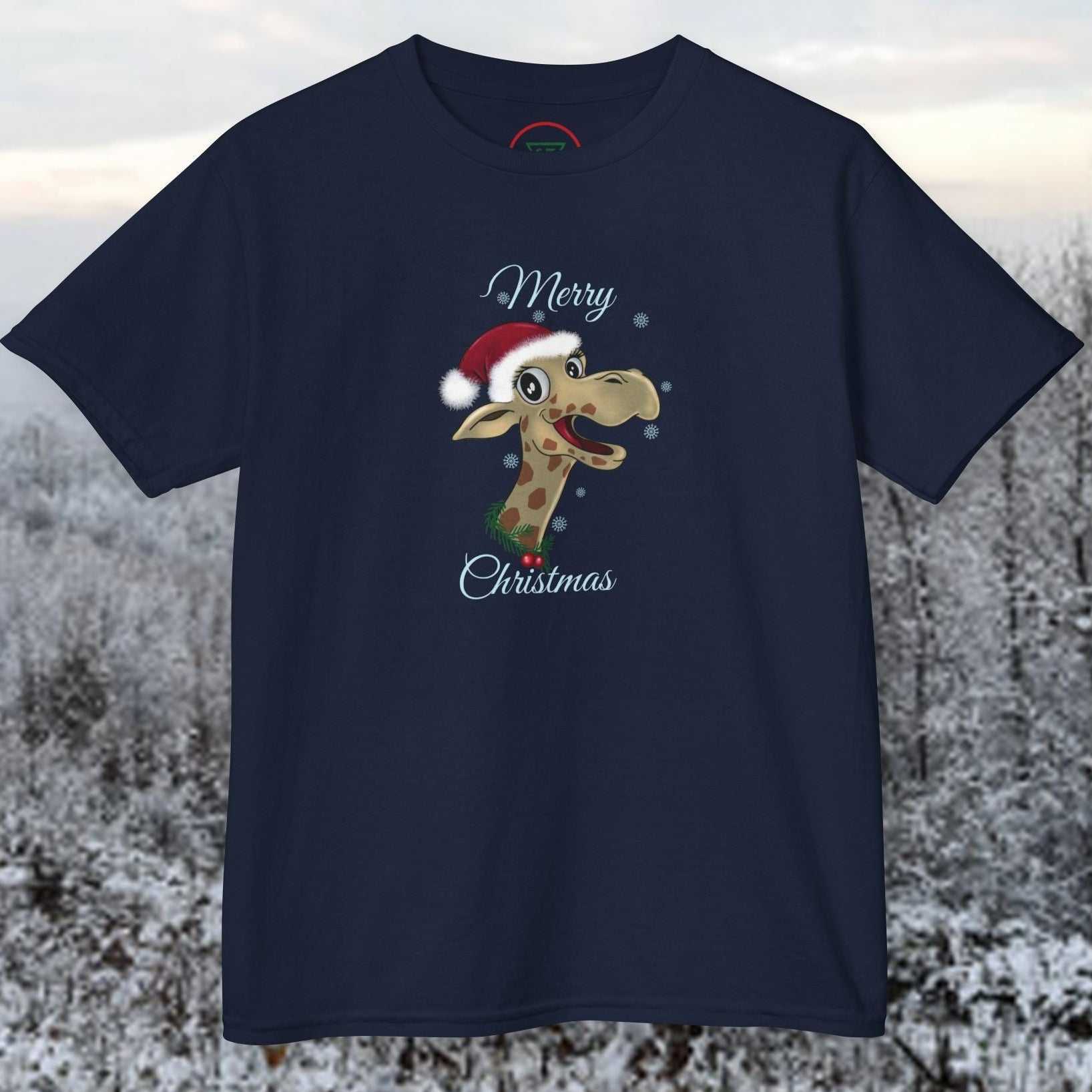 Front view of the Kids Solid Navy Christmas Giraffe tee with a hand-drawn holiday graphic.