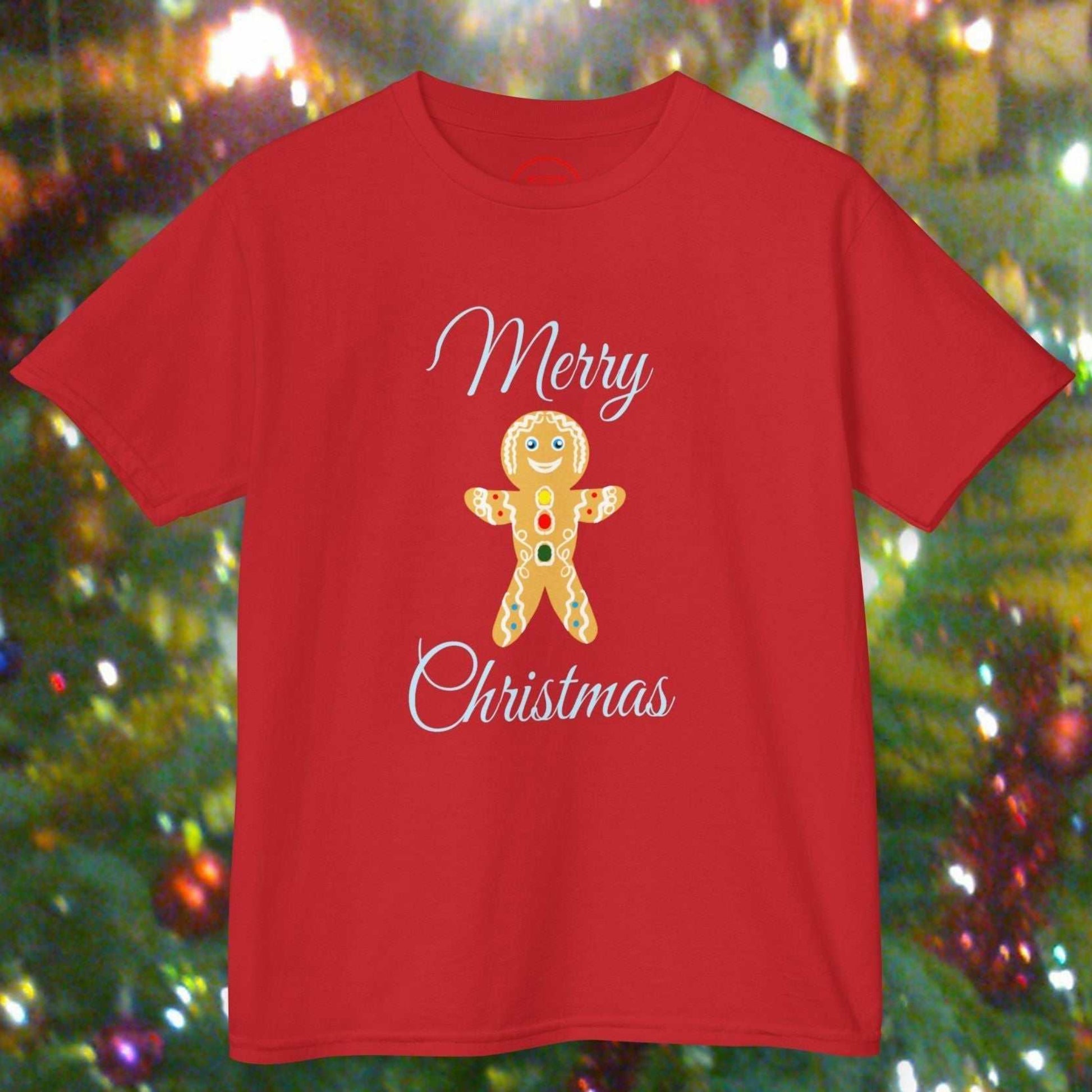 Red kids Christmas shirt with a detailed Gingerbread Man graphic and 24/7 Atelier styling.