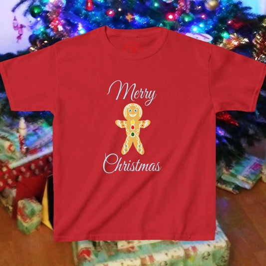 Vibrant Red kids Christmas shirt with a detailed Gingerbread Man graphic and 24/7 Atelier styling.