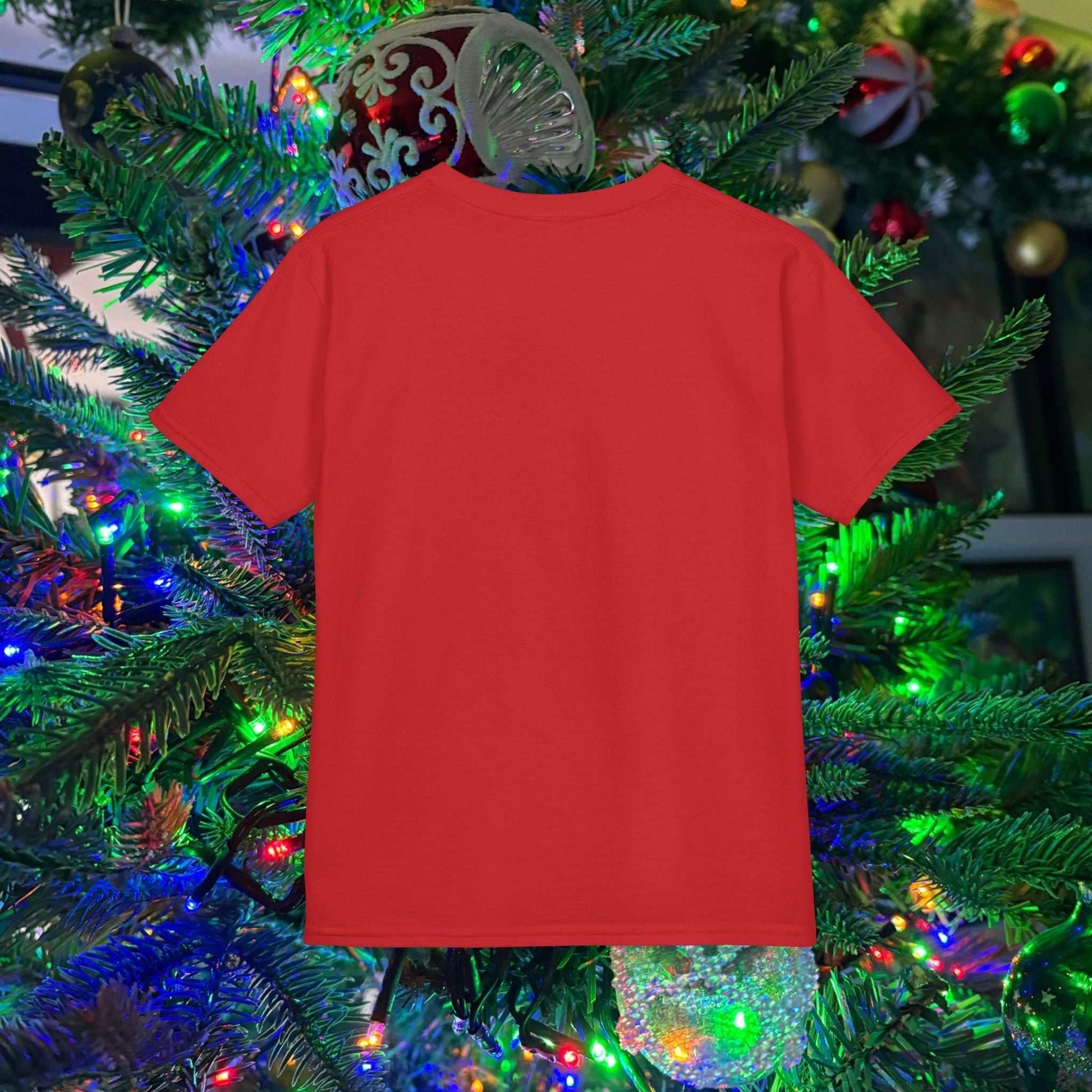 Back view red kids holiday shirt with a hand-drawn puppy character carrying a Christmas pine branch.