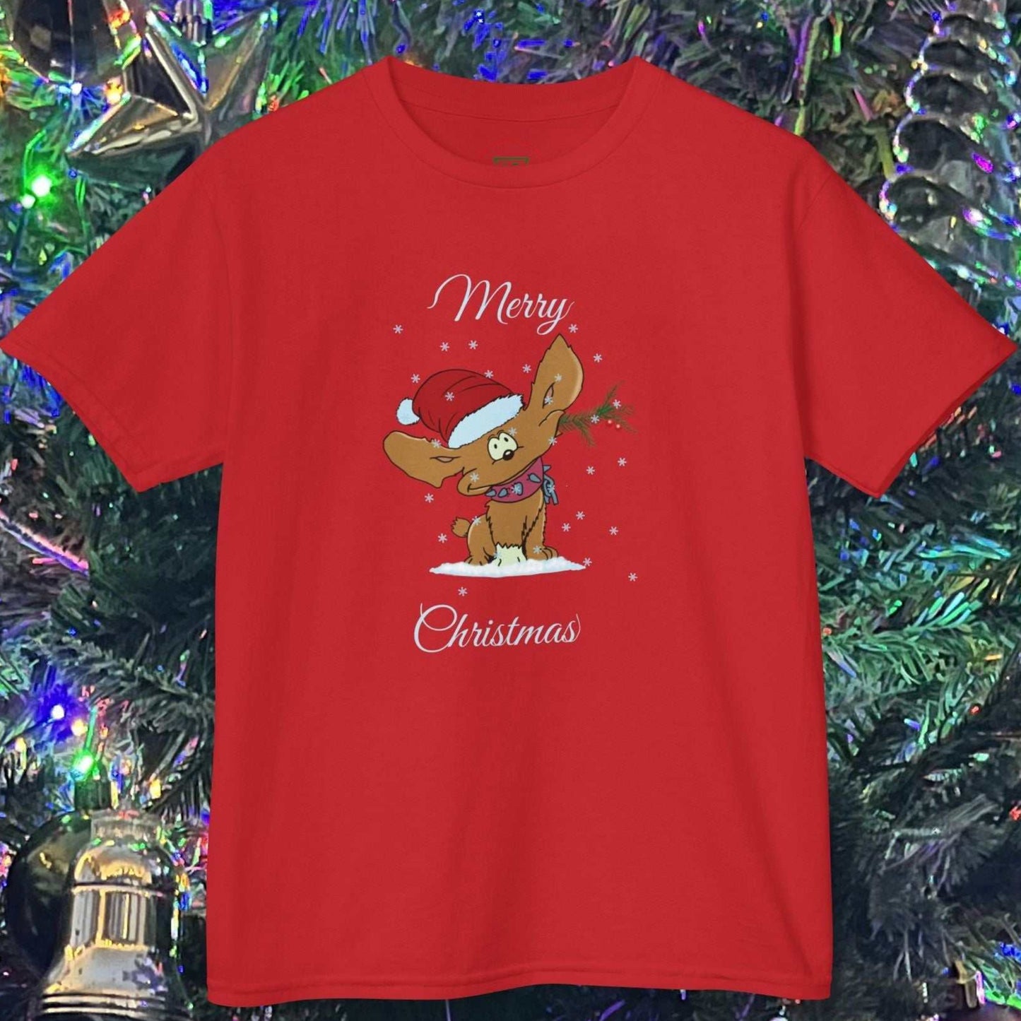 Vibrant Red kids holiday shirt with a hand-drawn puppy character carrying a Christmas pine branch.