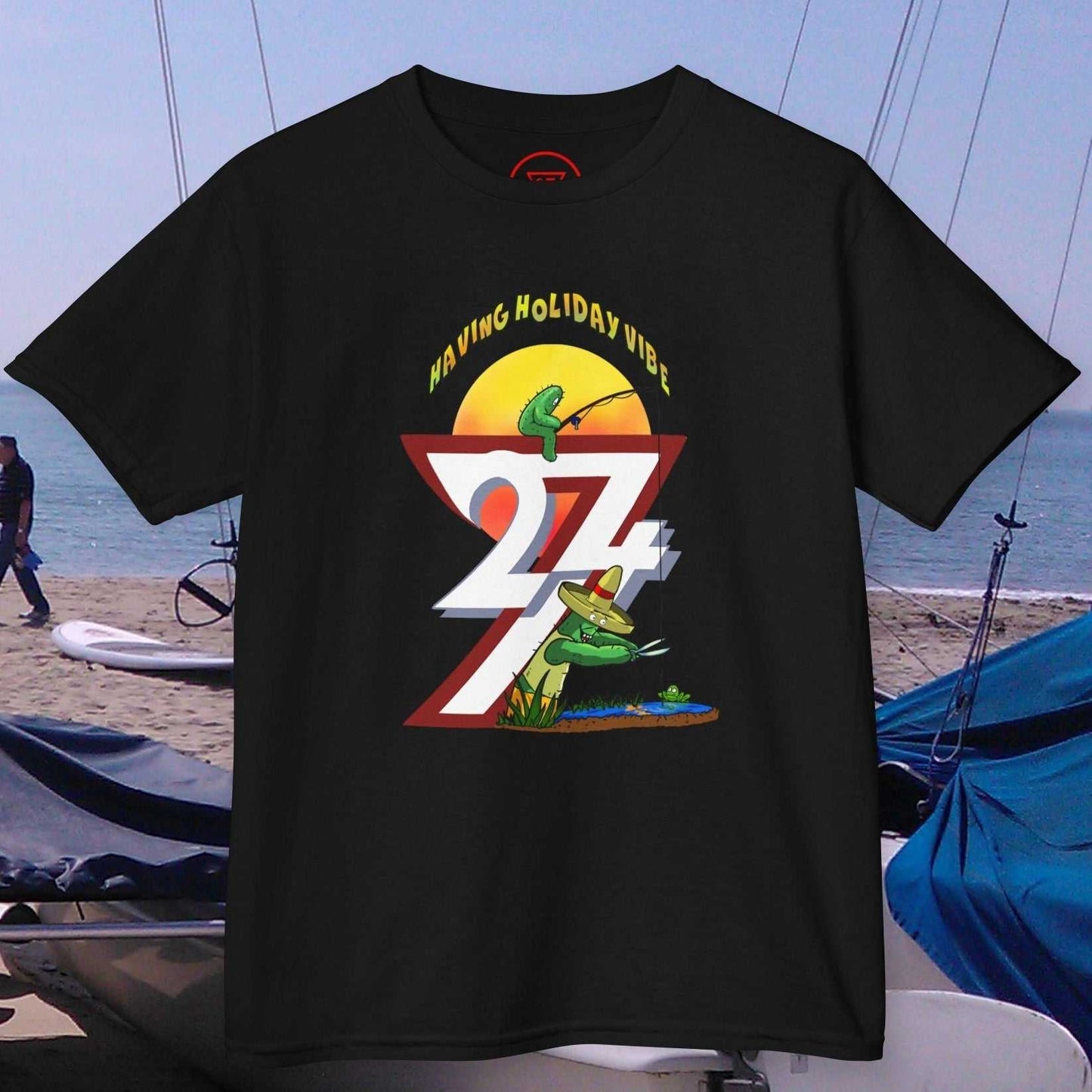 Kids Summer Fishing T-Shirt in Black with the Leonando and Littleando fishing prank.