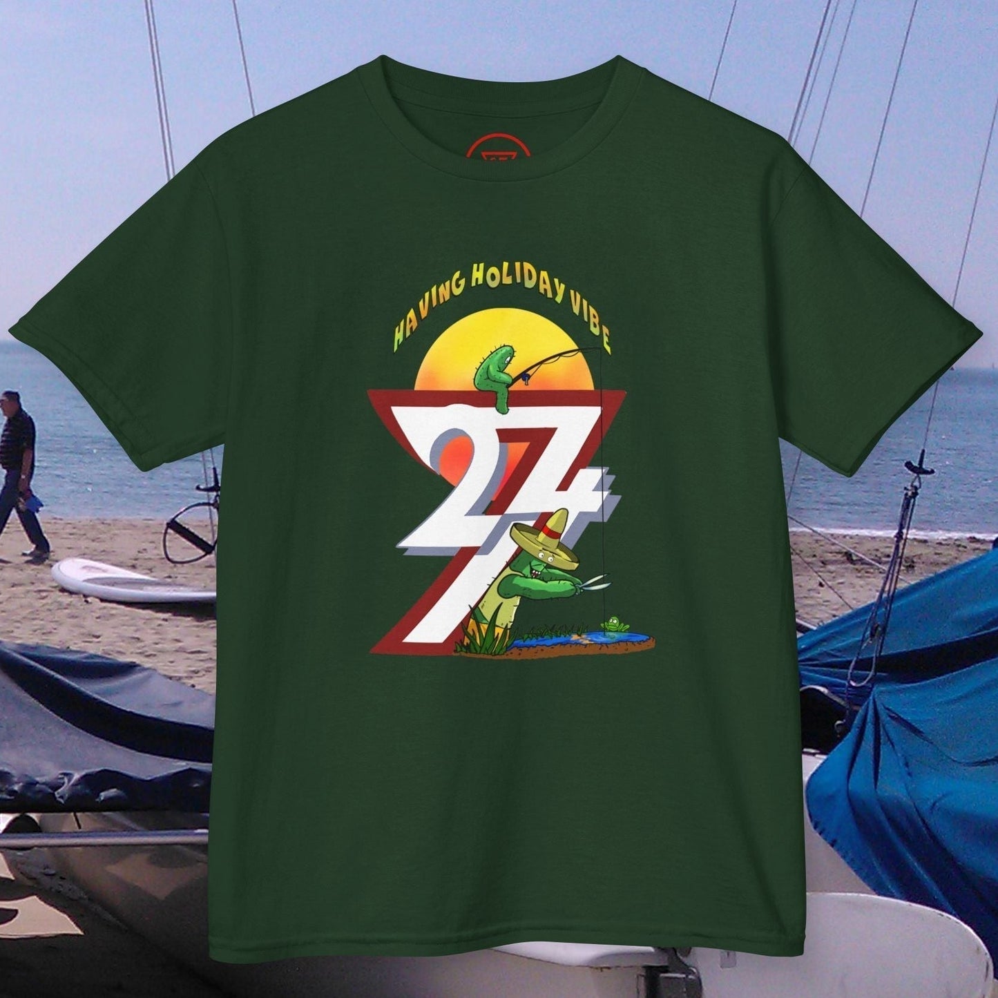Kids Summer Fishing T-Shirt in Forest Green featuring the HI-TComics summer heist.