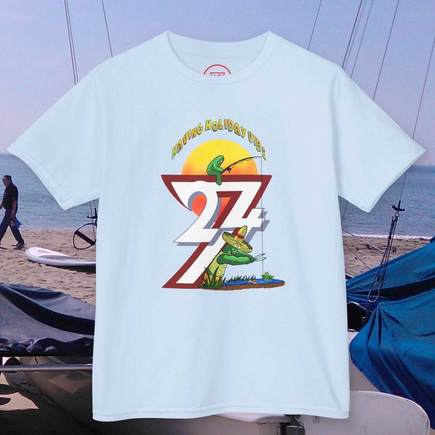 Kids Summer Fishing T-Shirt in Light Blue with the summer sun and Leonando graphic.
