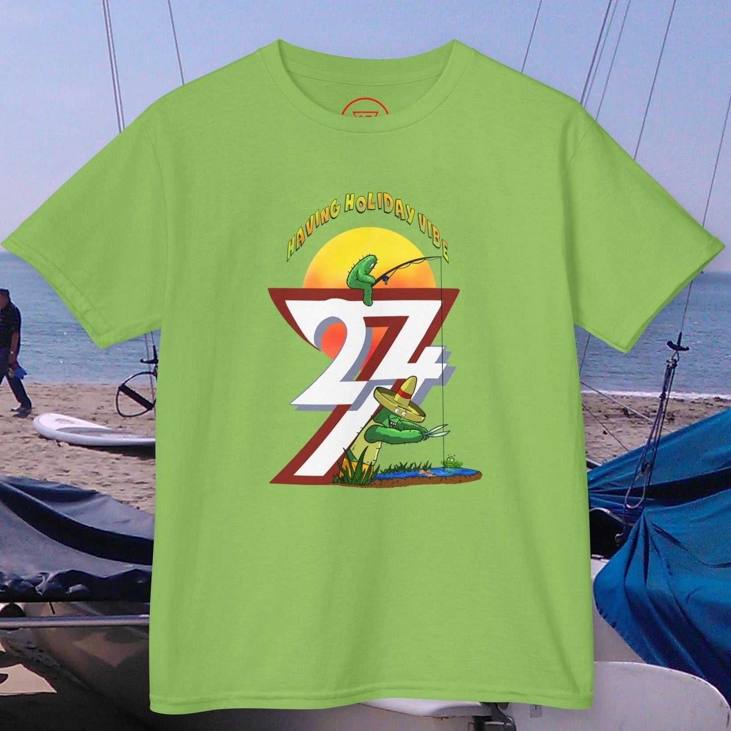 Kids Summer Fishing T-Shirt in Lime Green featuring Littleando fishing from the number 7.