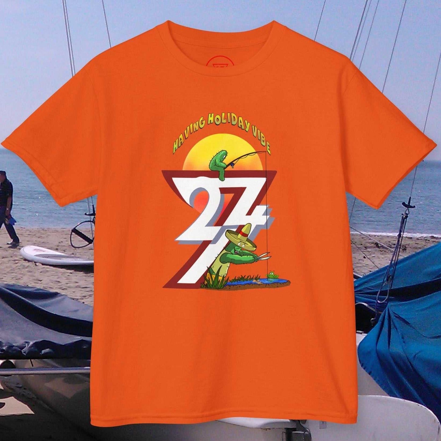 Kids Summer Fishing T-Shirt in Orange with the hand-drawn HI-TComics fishing scene.