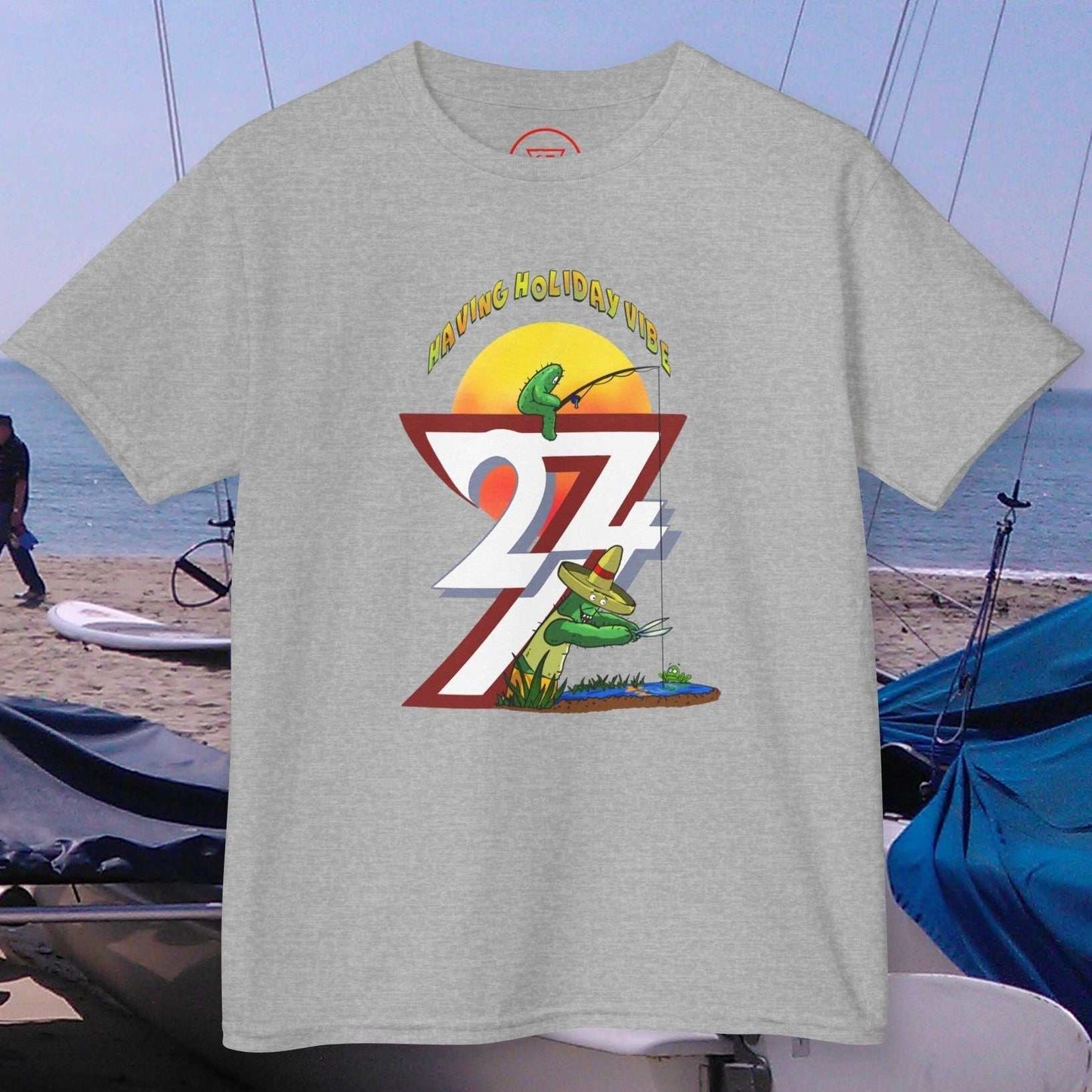 Kids Summer Fishing T-Shirt in Sport Grey featuring the 24/7 trademark logo and sun.
