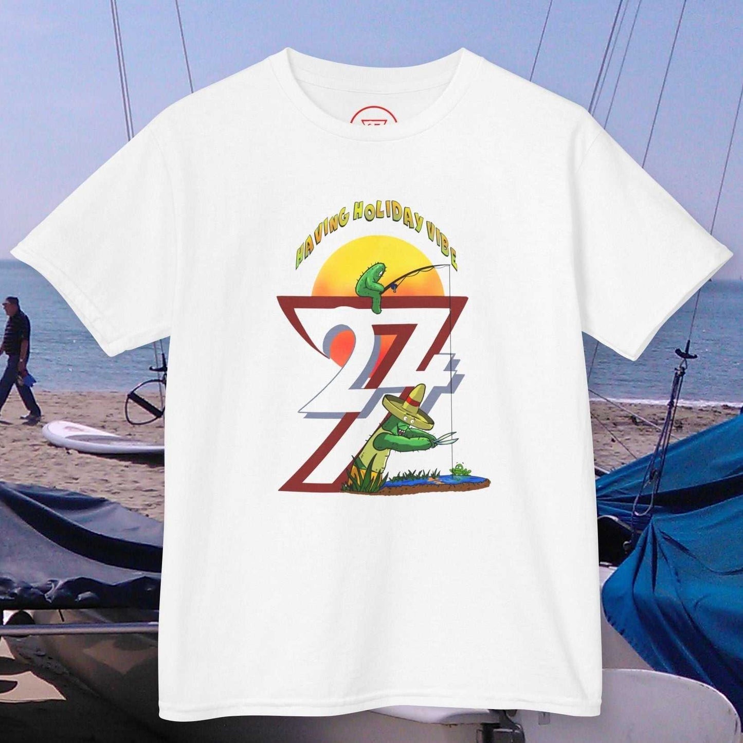 Kids Summer Fishing T-Shirt in White featuring the Holiday Vibe 24/7 sun logo.