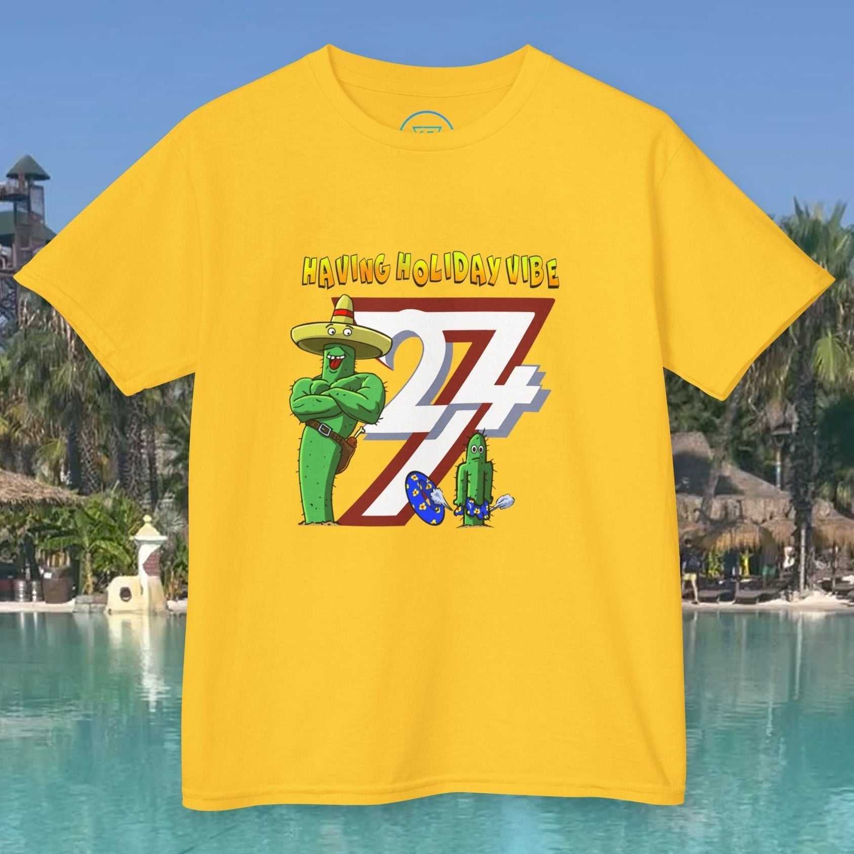 Kids Summer Vacation T-Shirt in Daisy featuring Leonando in his trademark sombrero.