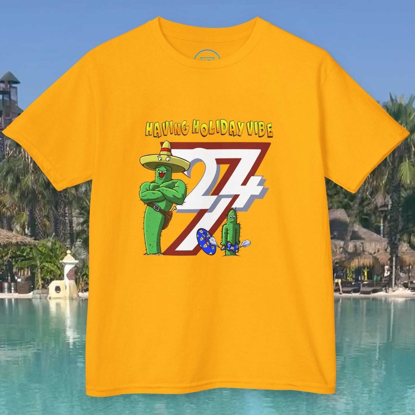 Kids Summer Vacation T-Shirt in gold featuring the trademark 24/7 summer logo.
