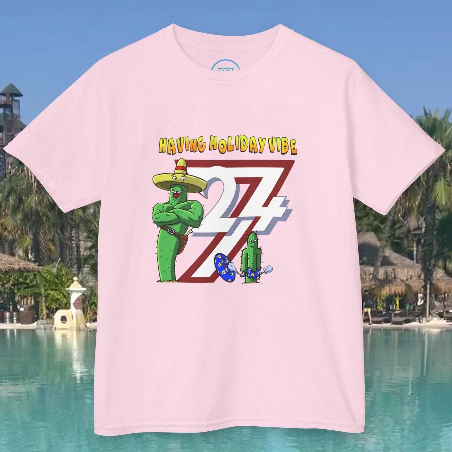 Kids Summer Vacation T-Shirt in Light Pink with the funny cactus beach prank design.