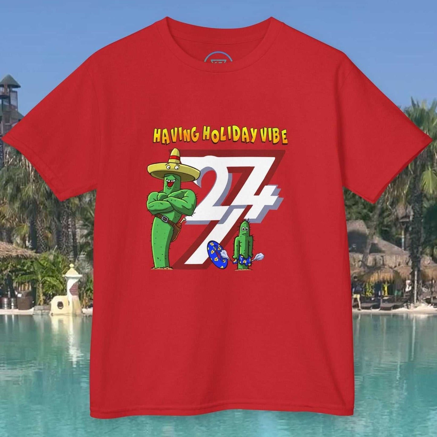 Kids Summer Vacation T-Shirt in Red with the Holiday Vibe 24/7 logo and cactus kid.