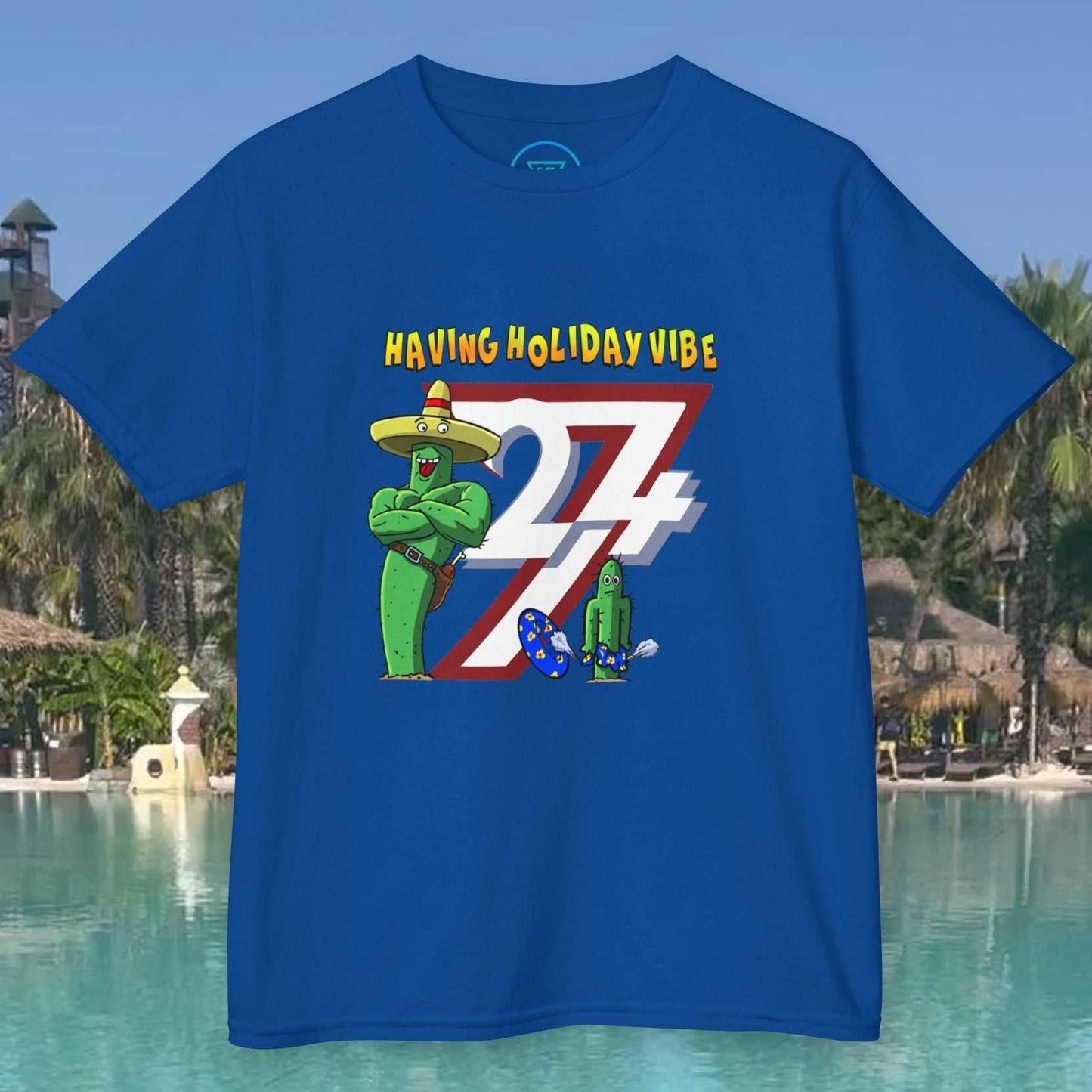 Kids Summer Vacation T-Shirt in Royal Blue featuring the hand-drawn beach disaster.