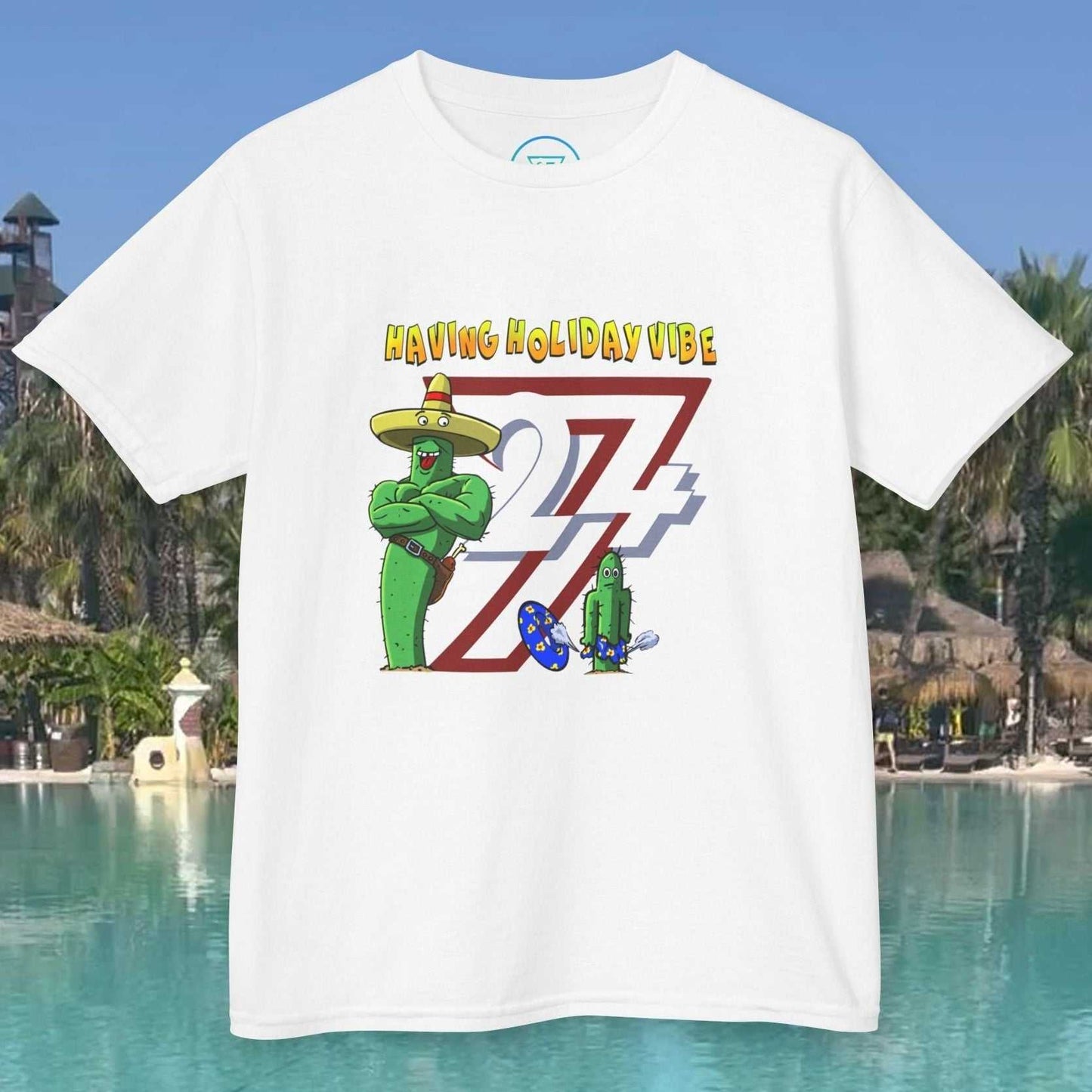 Kids Summer Vacation T-Shirt in White with the summer sun and inflatable tube graphic.