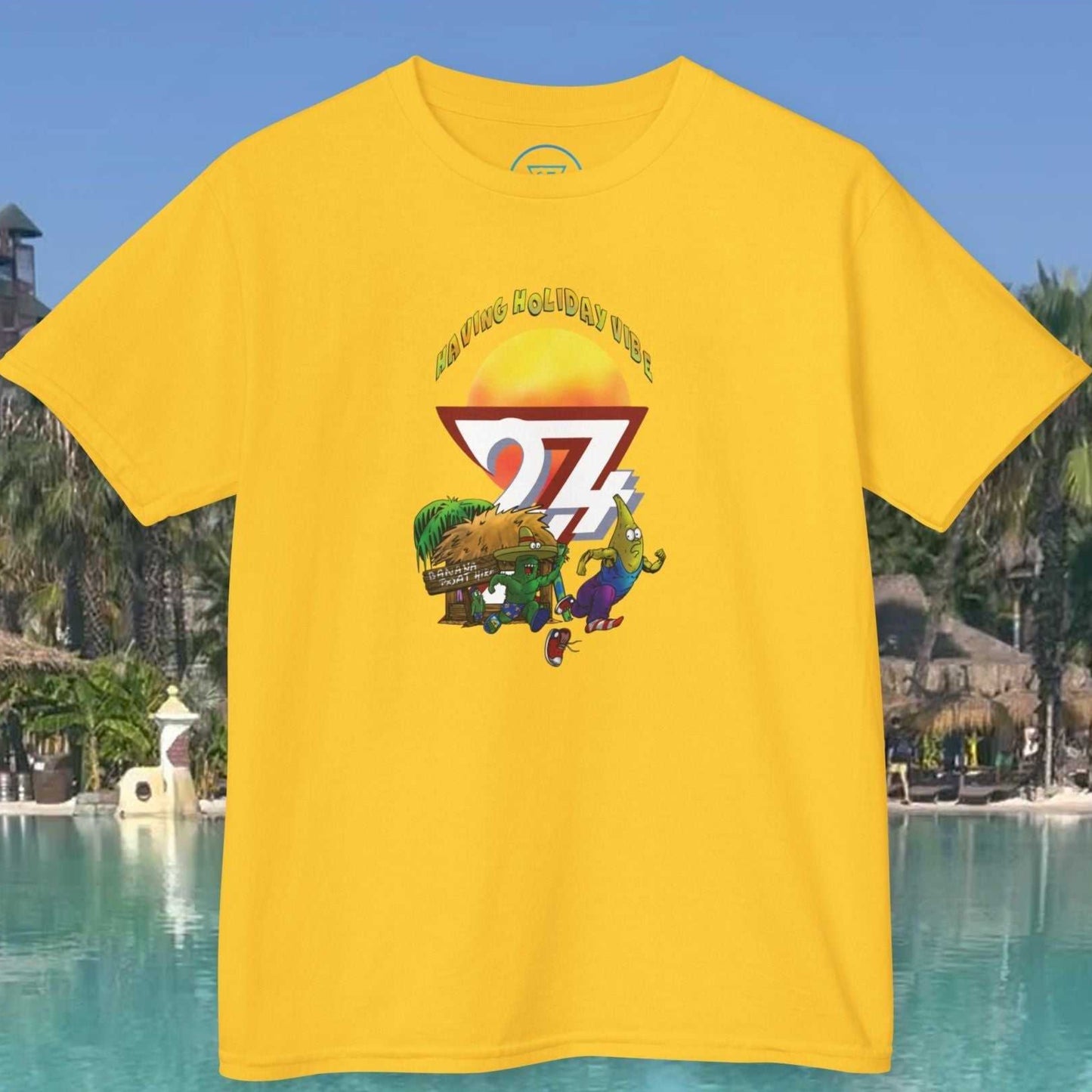 Kids Tropical Vacation T-Shirt in Daisy Yellow with the sunny 24/7 tropical characters.