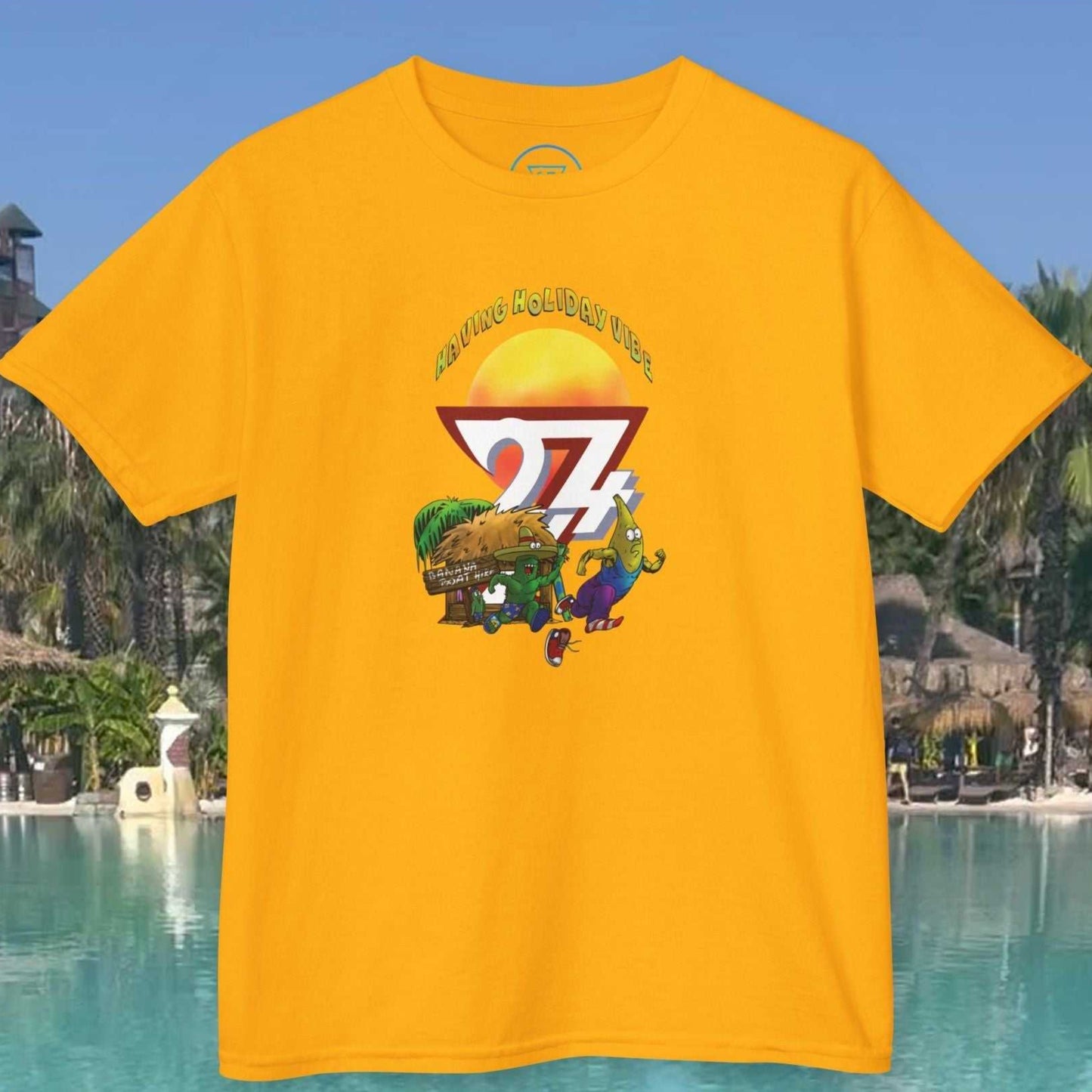 Kids Tropical Vacation T-Shirt in Gold featuring Leonando chasing Banana Bundy.