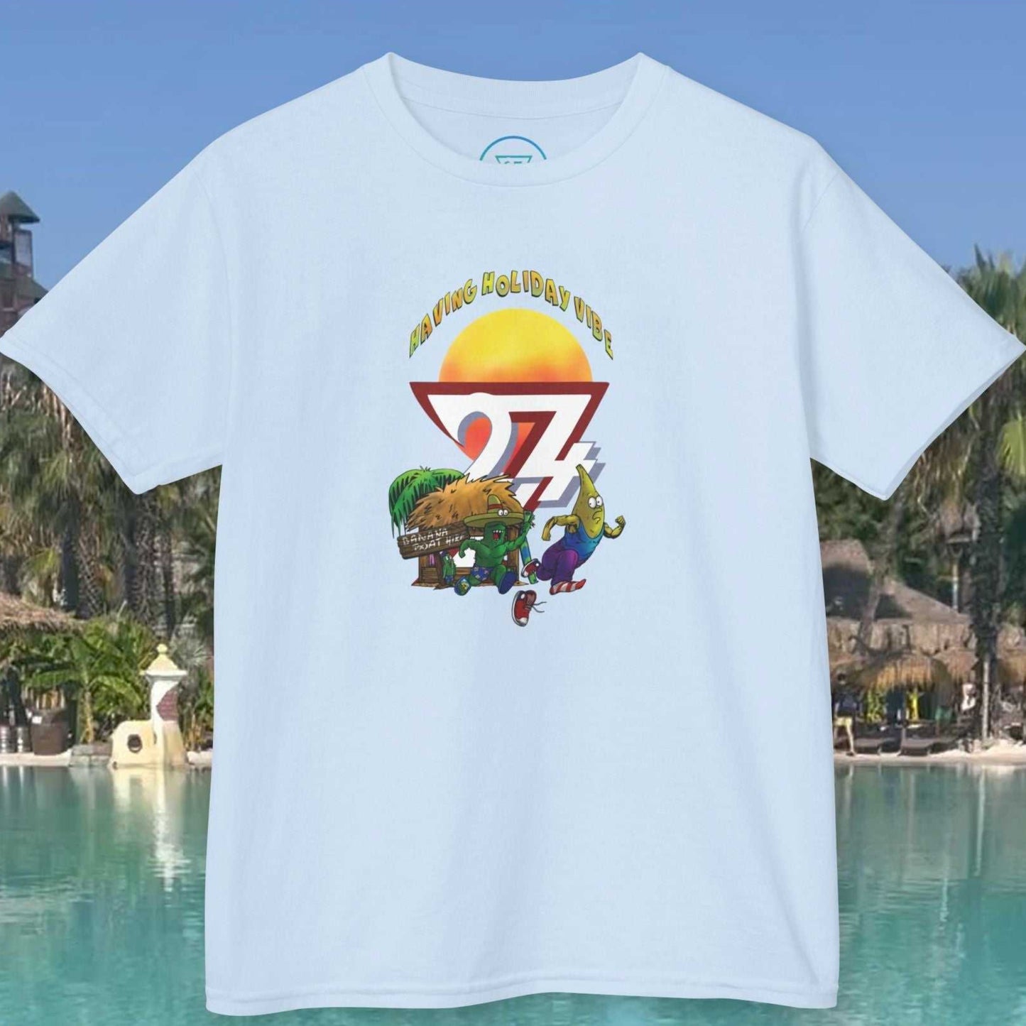 Kids Tropical Vacation T-Shirt in Light Blue featuring palm trees and the cactus kid Littleando.
