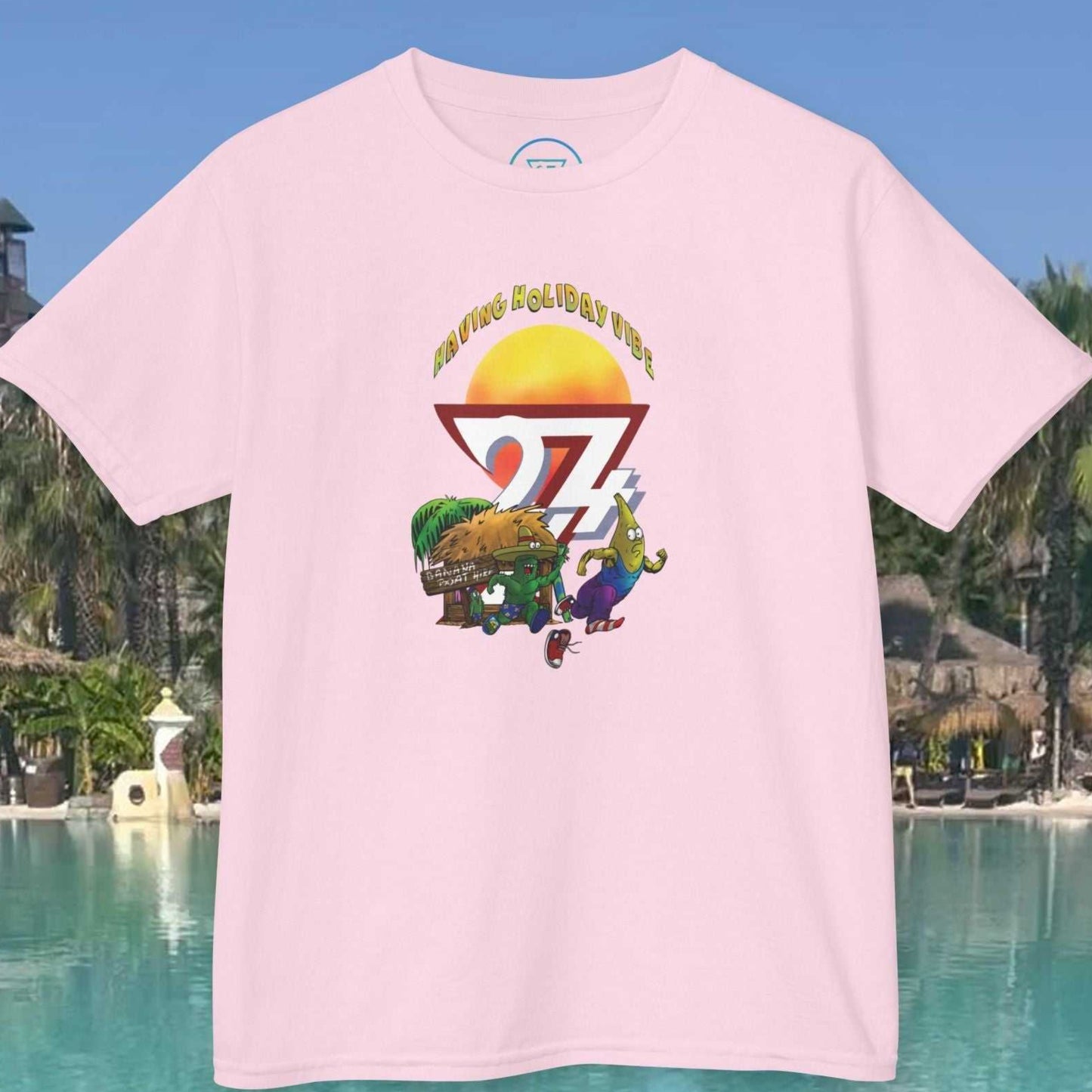 Kids Tropical Vacation T-Shirt in Light Pink with the hand-drawn beach heist illustration.