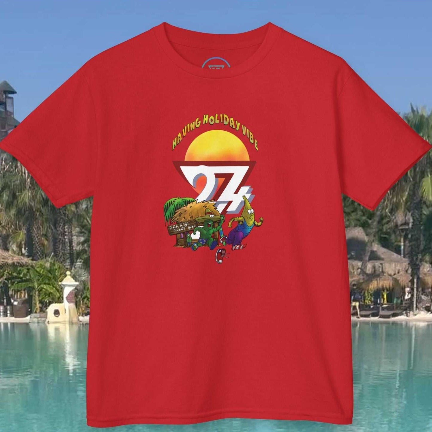 Kids Tropical Vacation T-Shirt in Red showing the chaotic holiday heist at the 24/7 beach hut.