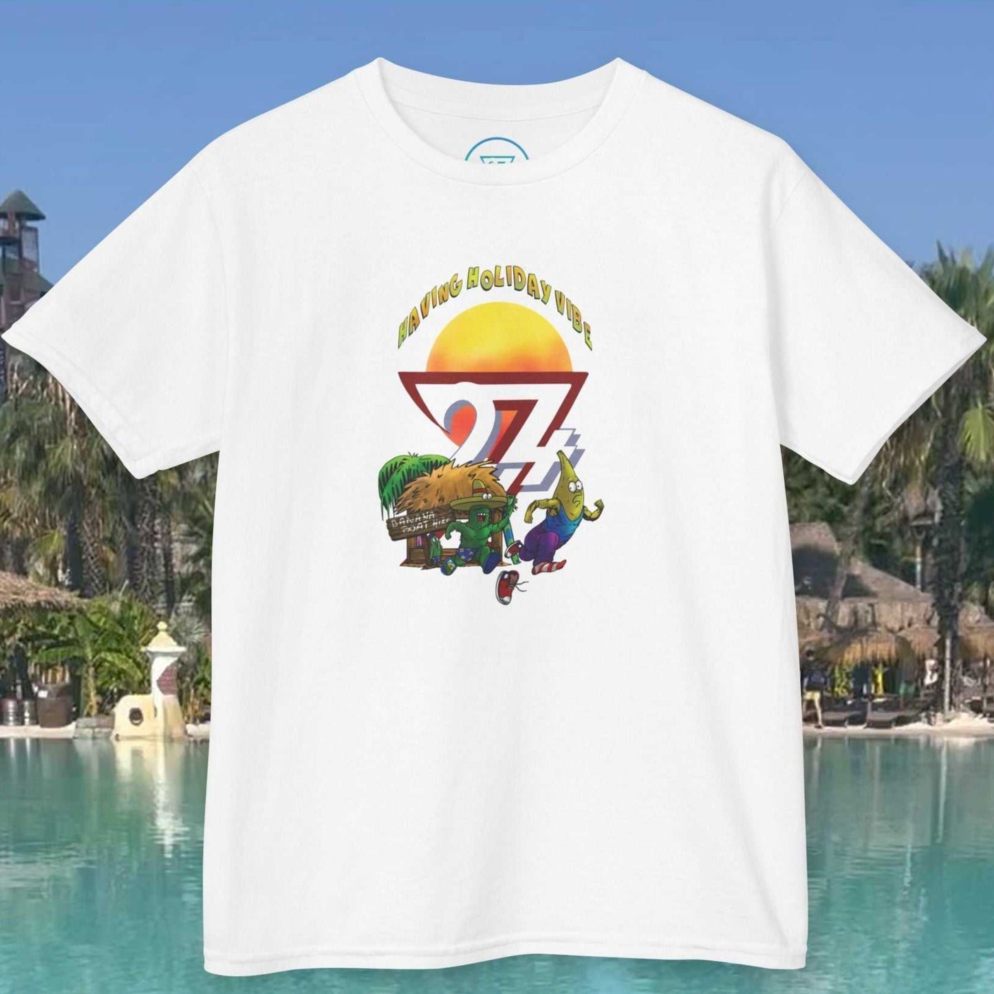 Kids Tropical Vacation T-Shirt in White featuring the Leonando and Banana Bundy beach chase.
