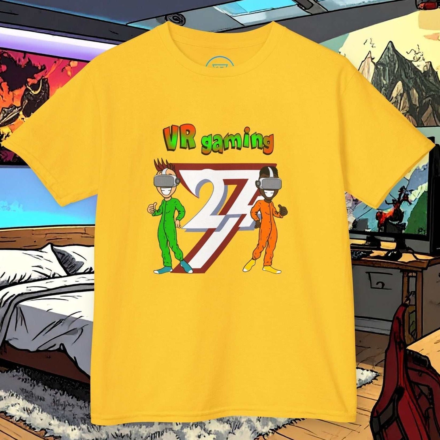 Yellow kids VR gaming t-shirt with hand-drawn cartoon characters