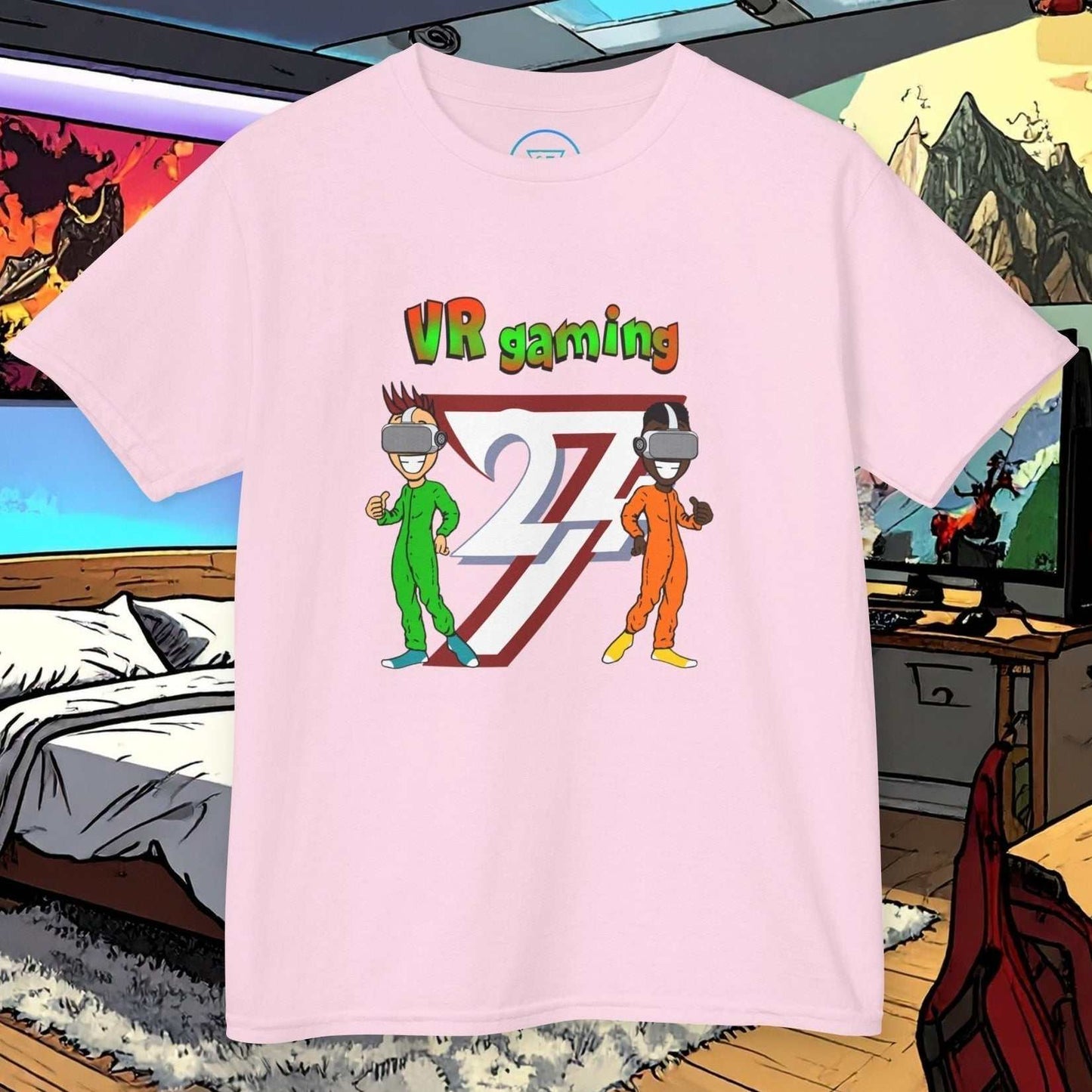 Kids VR gaming t-shirt with hand-drawn cartoon characters in vibrant colors on soft pink cotton fabric
