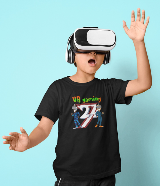 Boy wearing the Black Kids Vr Gaming T-Shirt and playing VR game in a headset