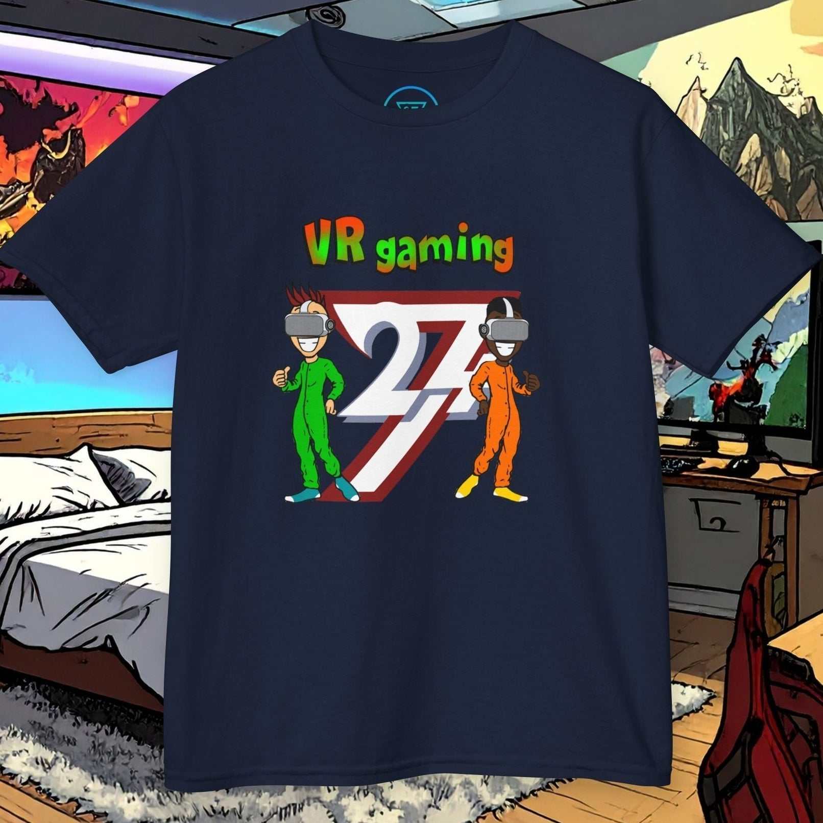 Kids navy VR gaming t-shirt with colorful hand-drawn cartoon characters and "24/7" graphic