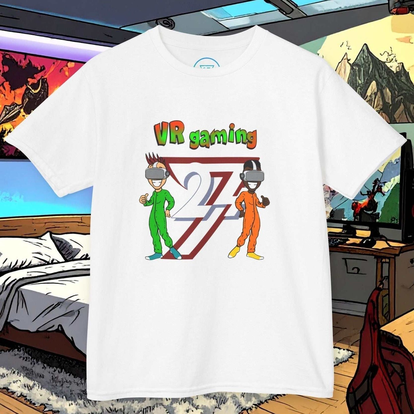 Kids VR Gaming T-Shirt in White showing the 90s comic-style gaming graphic.