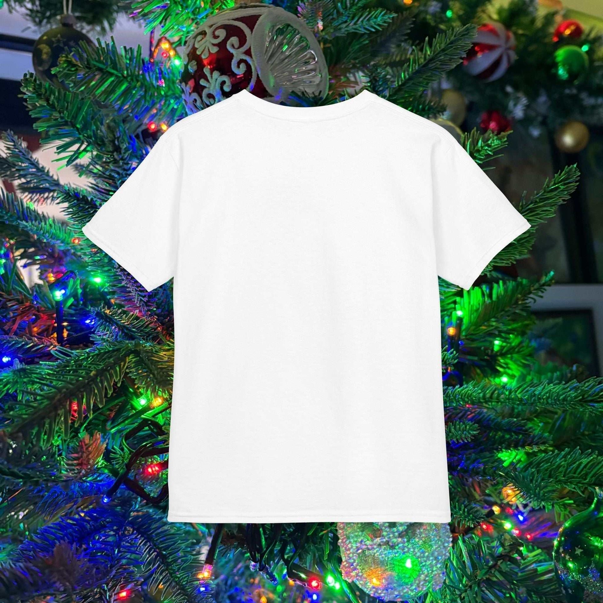 Back view of the Kids White Gingerbread Man tee featuring hand-drawn holiday art on 100% ring-spun cotton.