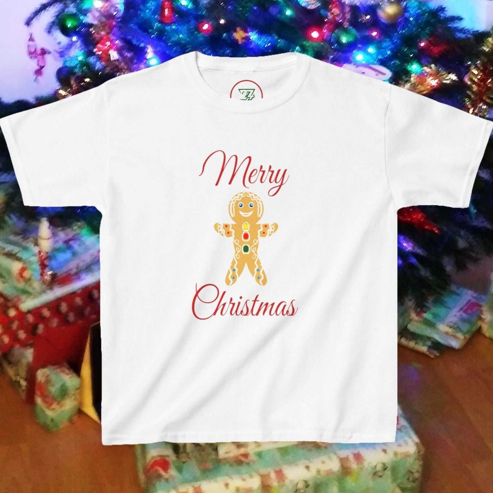 Kids White Gingerbread Man tee featuring hand-drawn holiday art on 100% ring-spun cotton front view