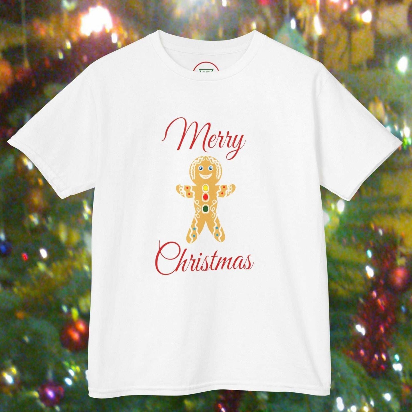 Front view of the Kids White Gingerbread Man tee featuring hand-drawn holiday art on 100% ring-spun cotton.