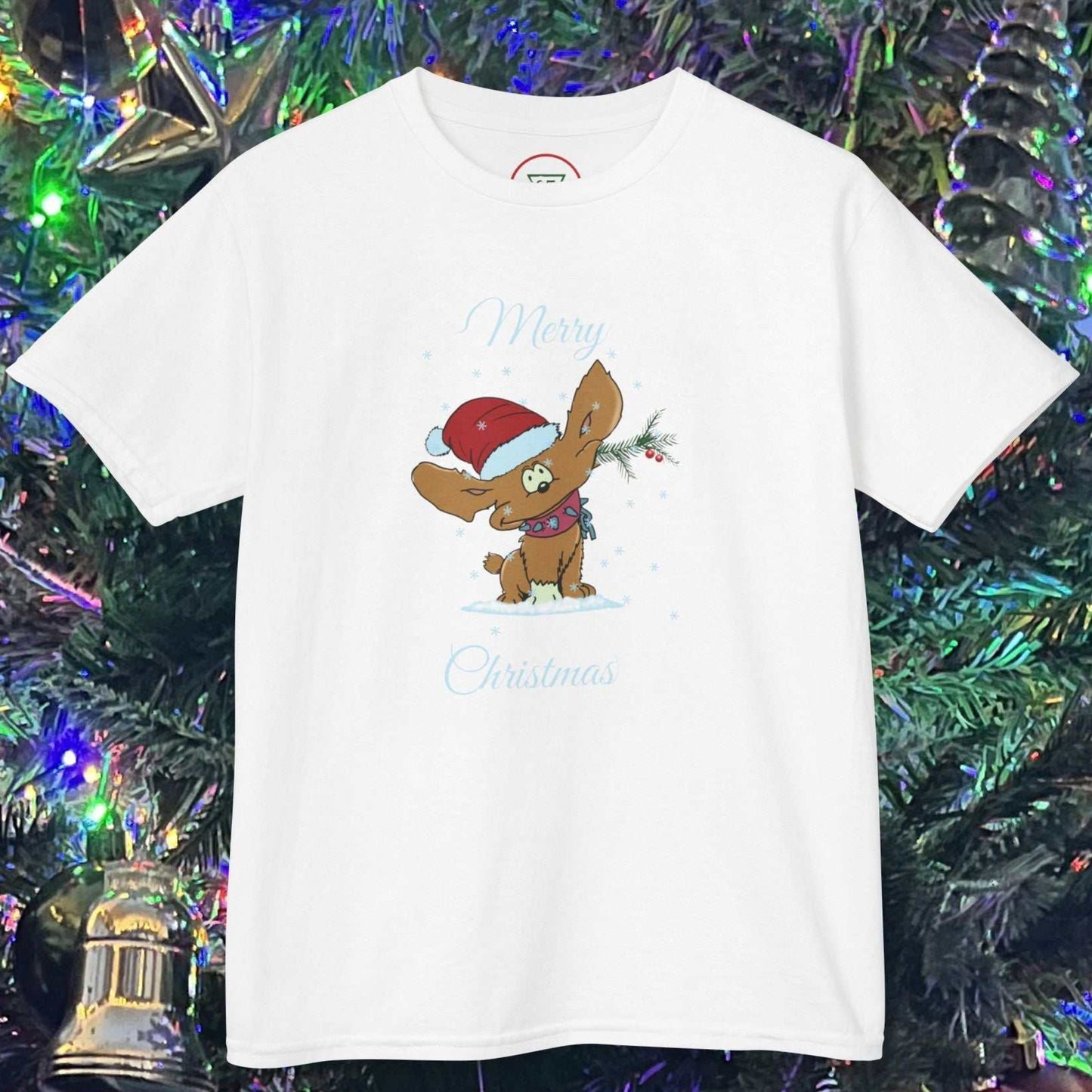 Front view of the Kids White Puppy Christmas tee featuring an original character with a Santa hat and pine branch.
