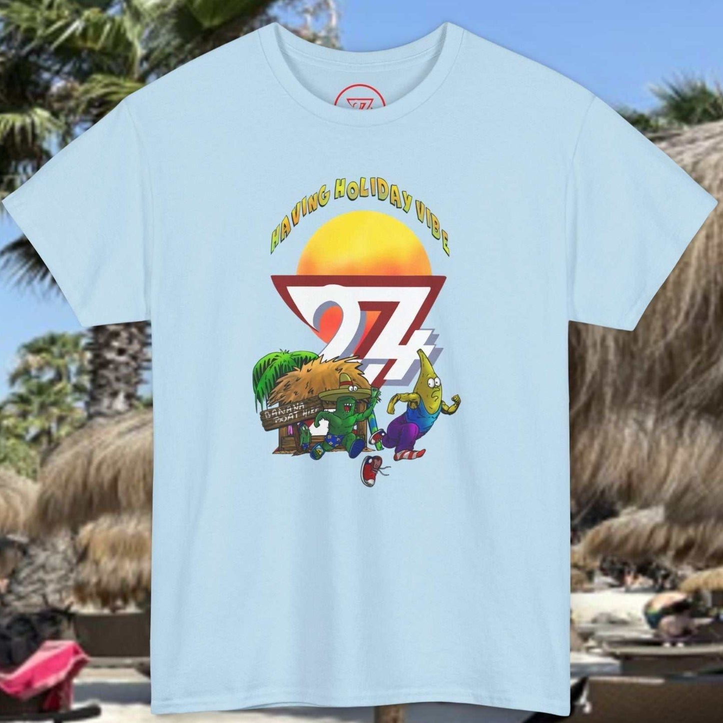 Light Blue Adult Tropical Summer T-Shirt - Original 24/7 character graphic.