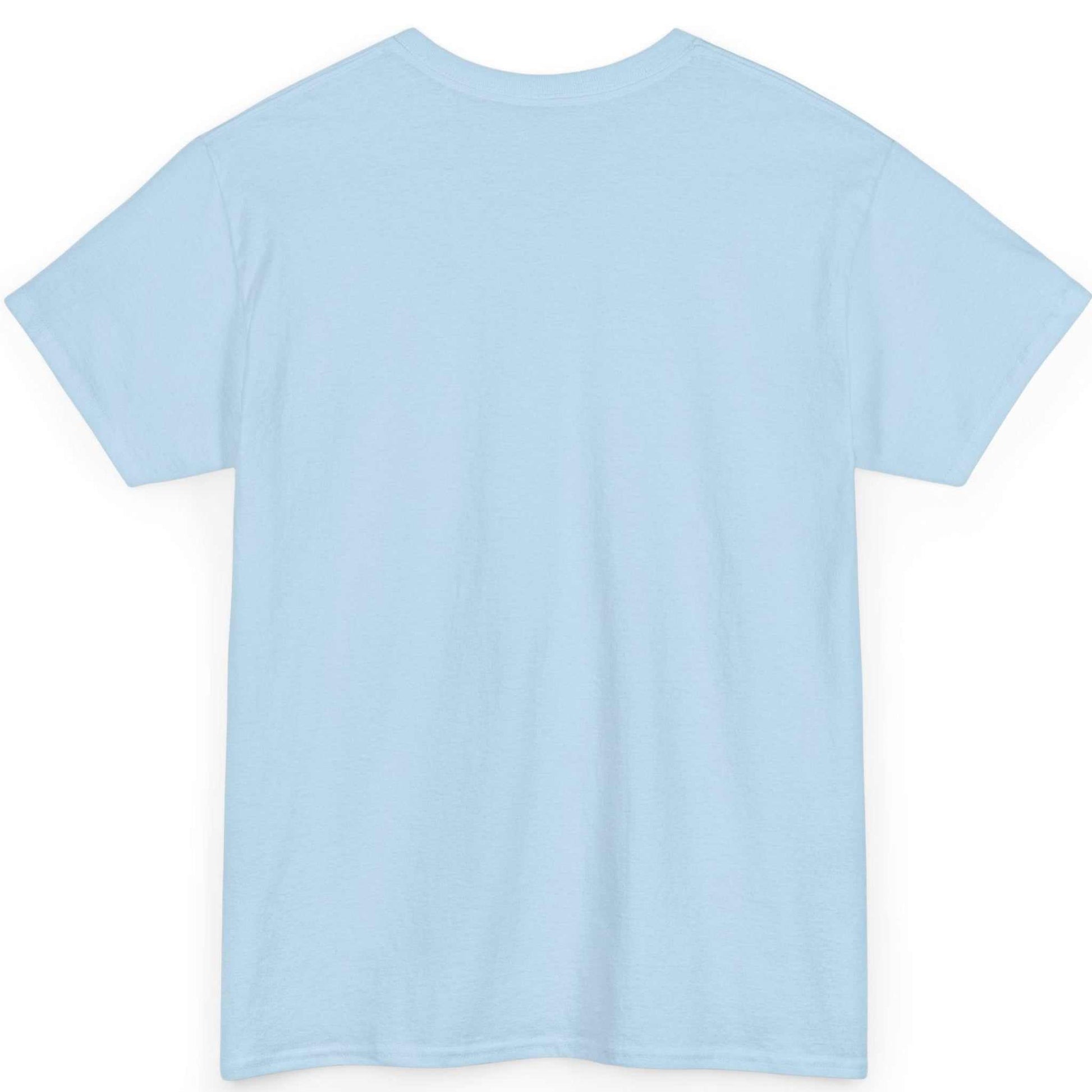 Back view of the light blue seamless tubular groomsmen gift t-shirt, displayed on a clean background.