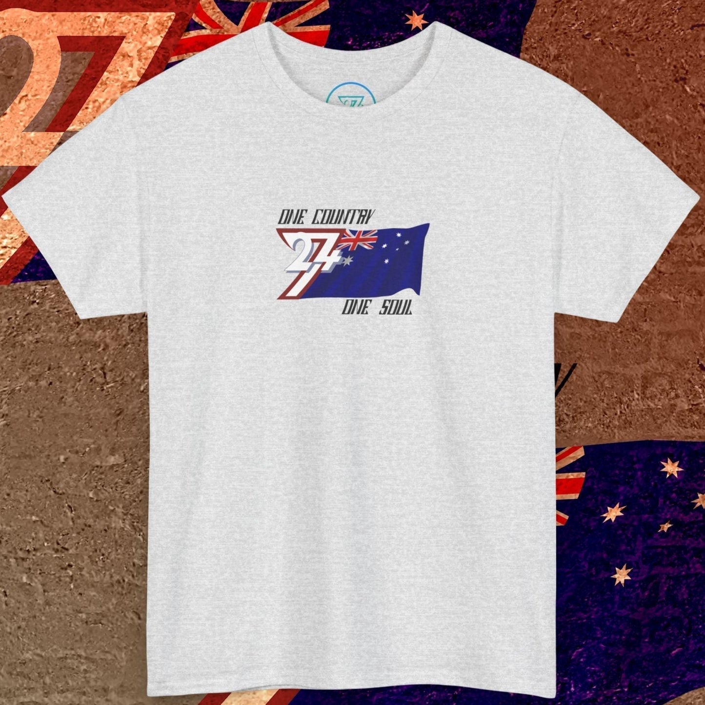 Main product shot of the Light Heather Gray Australia "Horizon" edition tee with clean flag graphics.