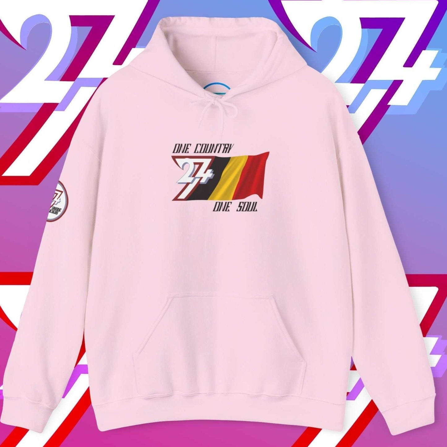 Light Pink heavyweight Belgium hoodie with sophisticated hand-drawn flag lines.