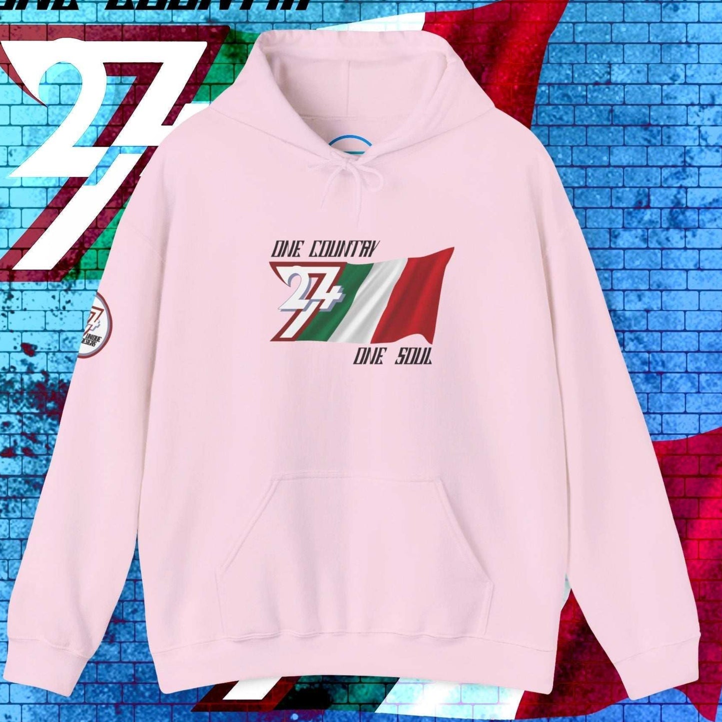 Front view of the Light Pink Italia "Heritage" edition hoodie highlighting the clean hand-drawn lines.