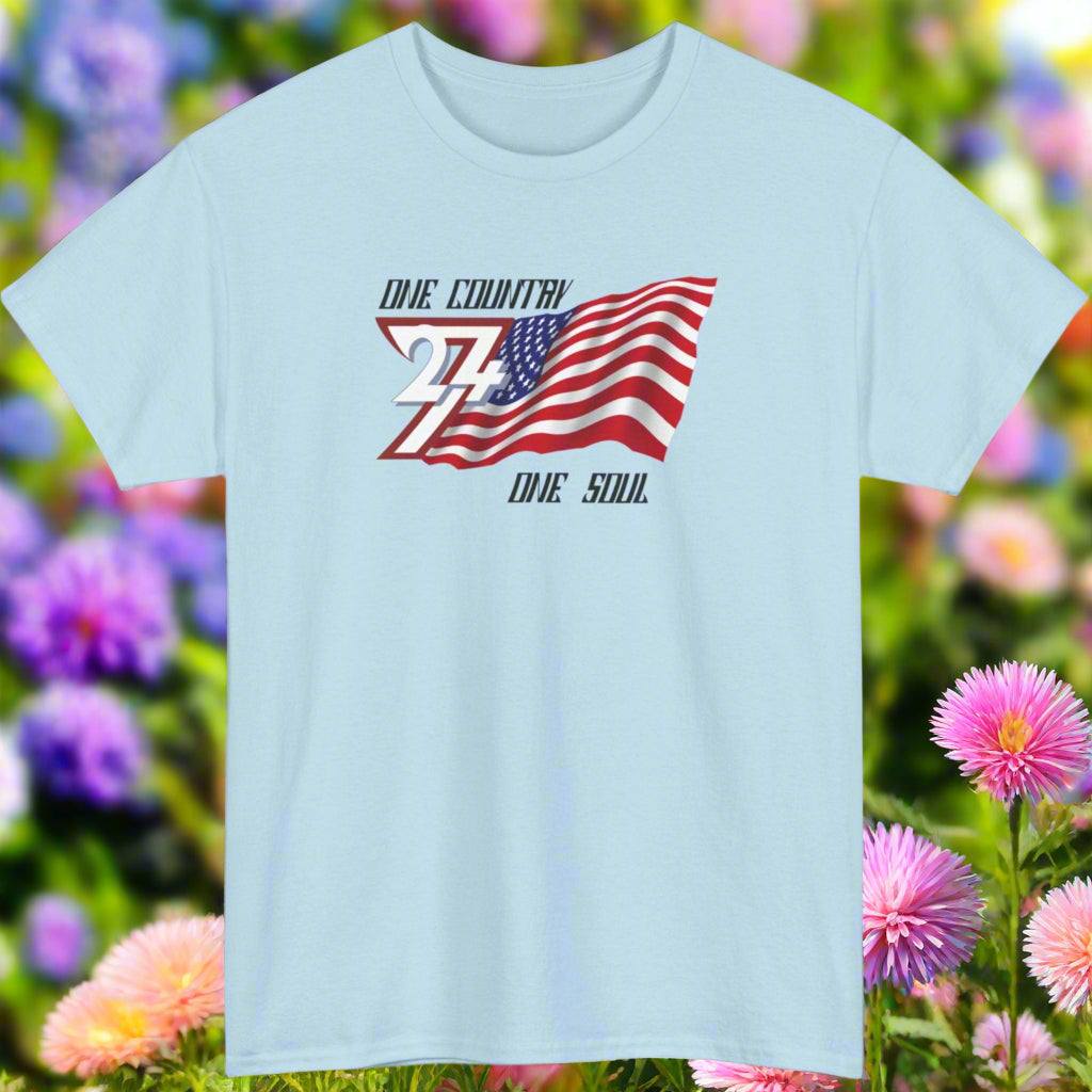 Light blue USA T-shirt with hand-drawn American flag design and "One Country One Soul" slogan.