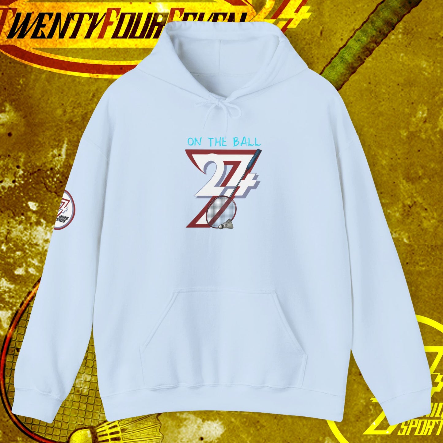 light blue badminton hoodie sweatshirt with "On The Ball 24/7" logo, front kangaroo pocket, adjustable drawstring hood, sporty outdoor design